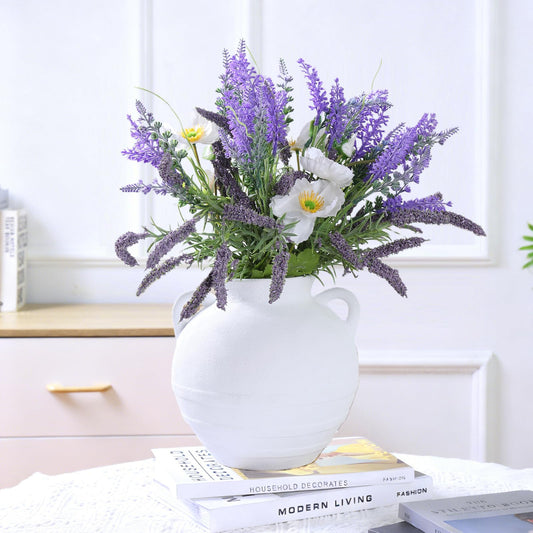 Ceramic Farmhouse Flower Vase with Handle,Vintage Terracotta Decorative Vase for Home Decor, Living Room, Table, Shelf, Mantle Fireplace, Coffee Dining Desk, Wedding Centerpiece - 7.48 White Rustic