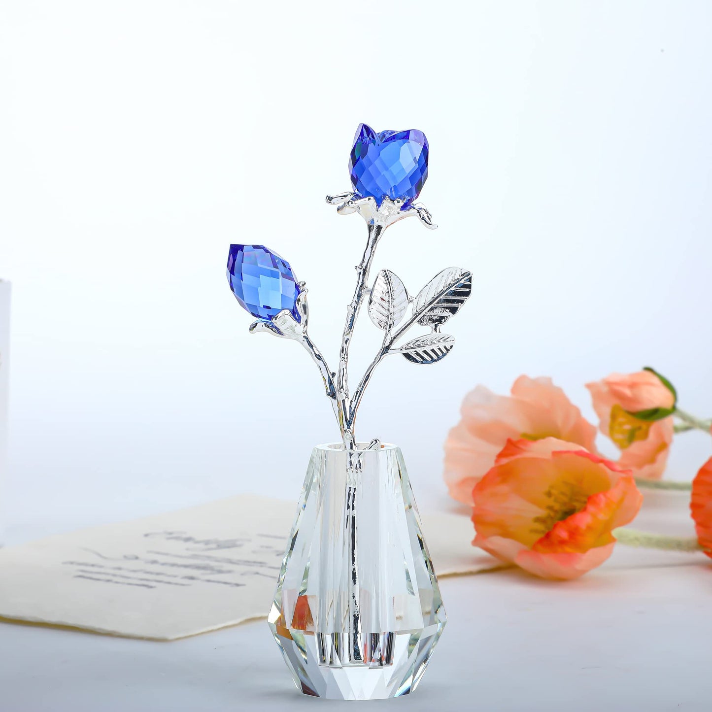 H&D HYALINE & DORA Blue Crystals Roses with Sliver Metal Stem Glass Figurine Ornament Wedding Gifts for Woman Home Party Decorations