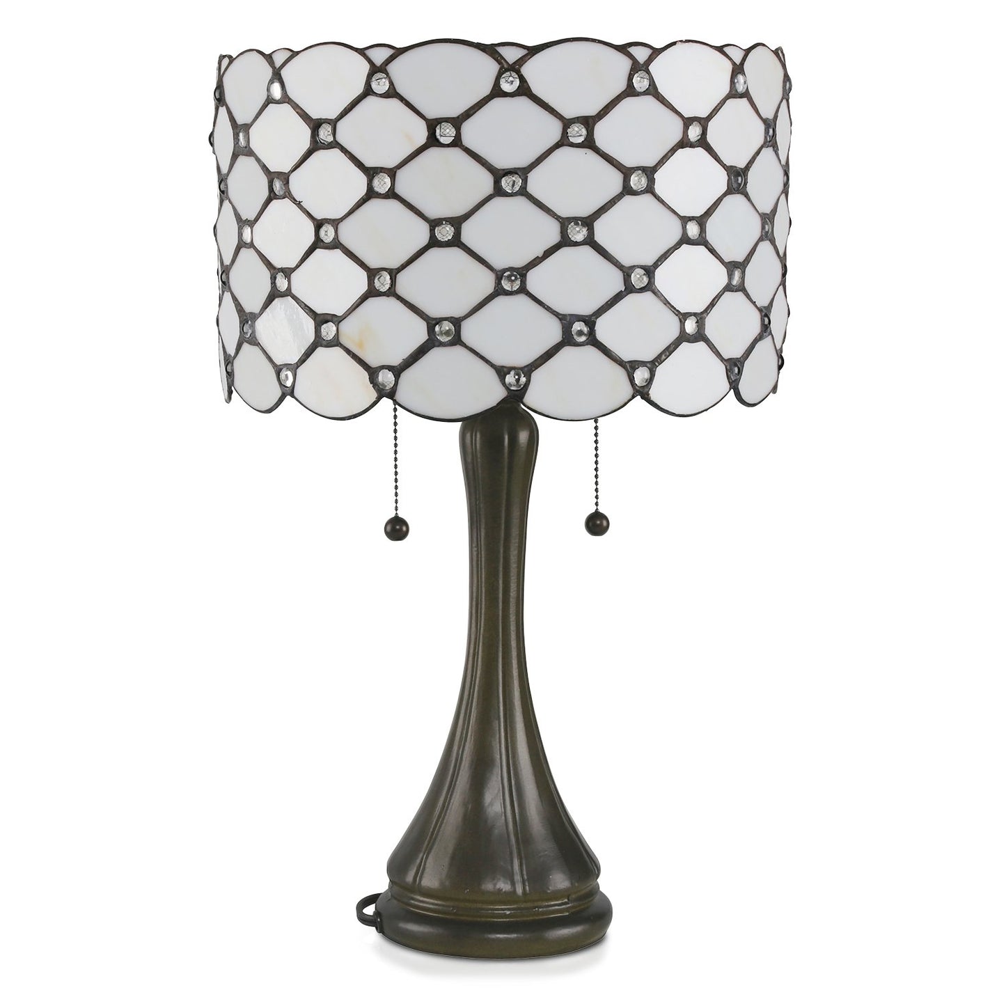 Serena D'italia Tiffany Style Table Lamp Contemporary, Diamond Pattern Stained Glass Lamp with Jewels, Standing Lamp with Double Pull Chain (White)