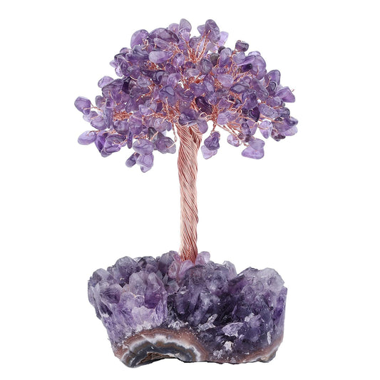 Cheungshing Healing Crystals Money Tree with Natural Amethyst Base, Crystal Stone Feng Shui Bonsai Figurines Tree of Life Decoration for Home Table Office, Amethyst