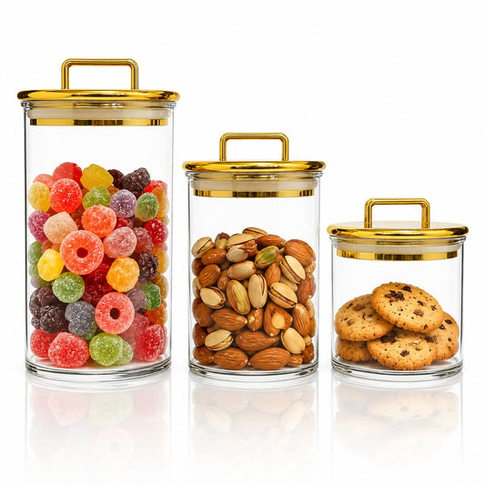 3-Pack Clear Acrylic Apothecary Jars with Gold Lids, Gold Candy Jar for Coffee Bar, Bathroom Vanity Canisters for Q-Tips, Cotton Balls & Small Treats