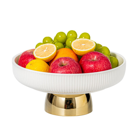 CCATSIX Ceramic Fruit Bowl,11-Inch Large Decorative Bowls,White Pedestal Tray and Gold Base, Fruit Bowl for Kitchen Counter, Bread and Fruit Trays,Salad or Dessert Display Trays for Parties. (XL)