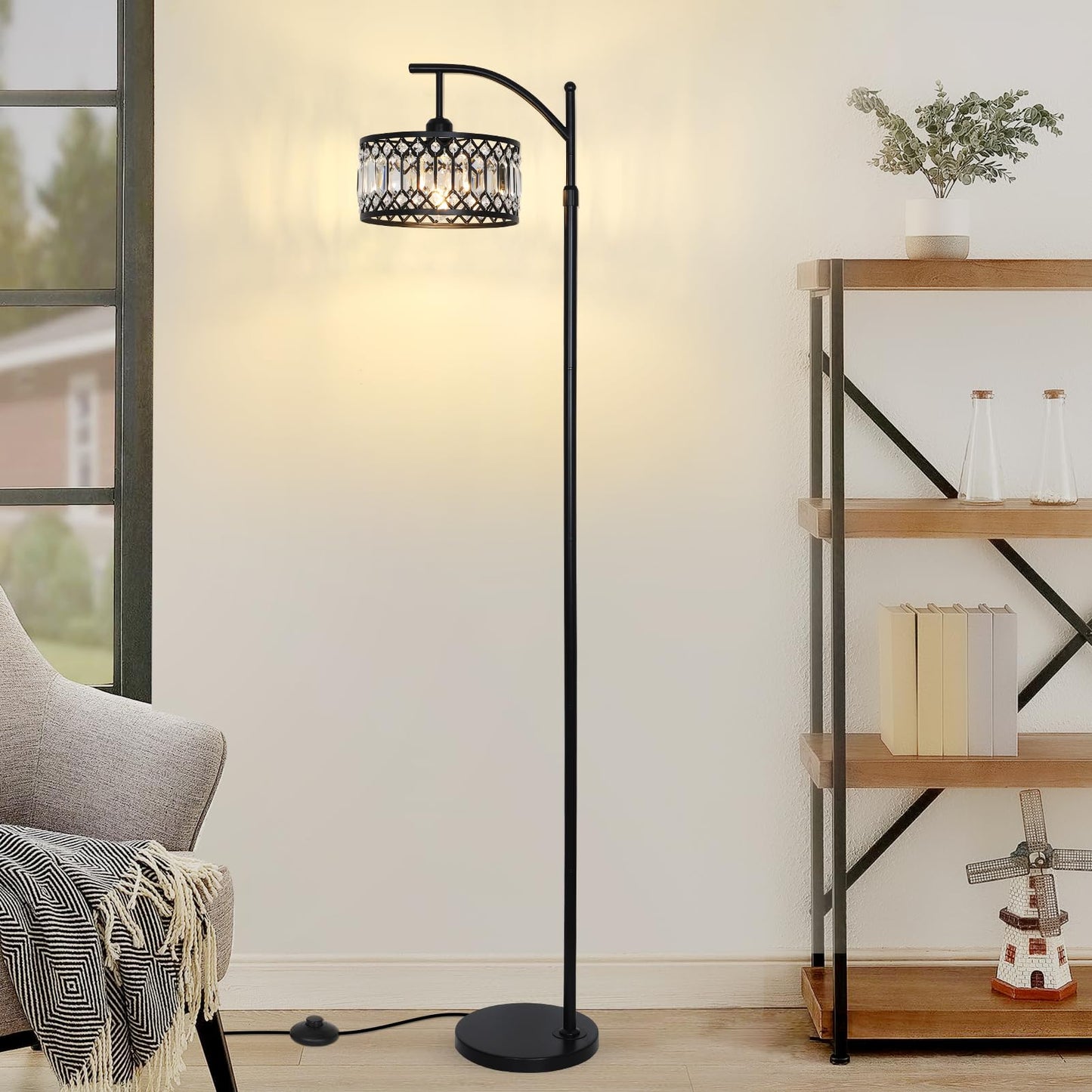 Crystal Floor Lamps for Living Room, Modern Arc Floor Lamp, Black Standing Lamp with Edison Bulb, Height Adjustable Tall Lamp for Bedroom, Corner Stand Up Lamp for Office, Arched Reading Light