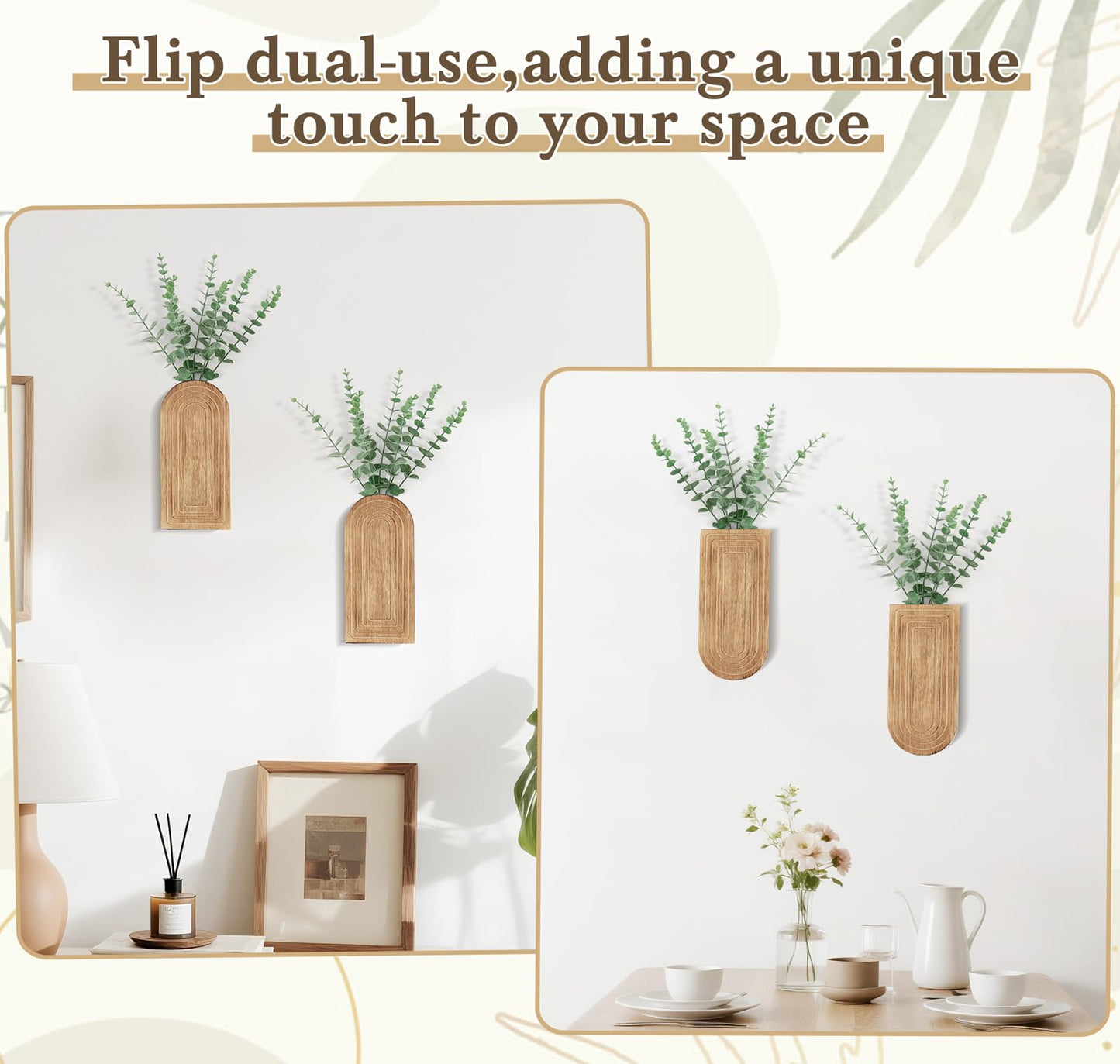 Dahey Wood Wall Planter Vase with Artificial Eucalyptus, 2 Pack Hanging Planter for Indoor Fake Plants Modern Boho Farmhouse Wall Art Decor for Bathroom Bedroom Kitchen Office Home Decoration, Natural