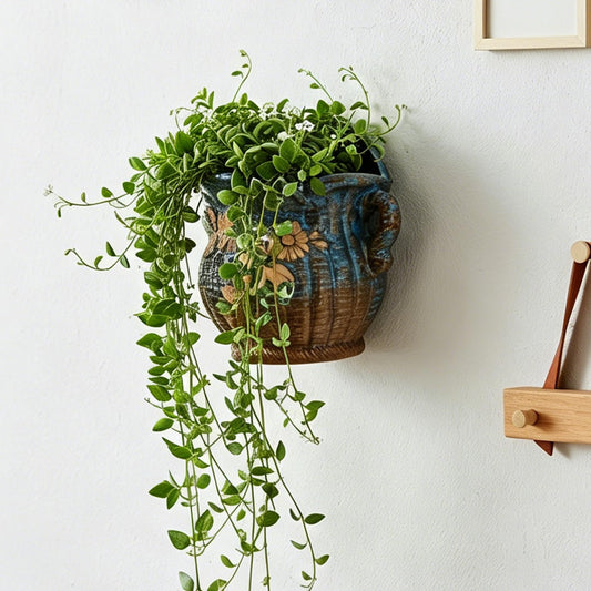 Farmhouse Ceramic Wall Mounted Vase,Navy Blue Brown Floral Relief Planter,Rustic Hanging Plant Pot,Rustic Vintage Wall Decor Planters Holder for Indoor Plants,for Entryway,Hallway (Sunflower, 1)