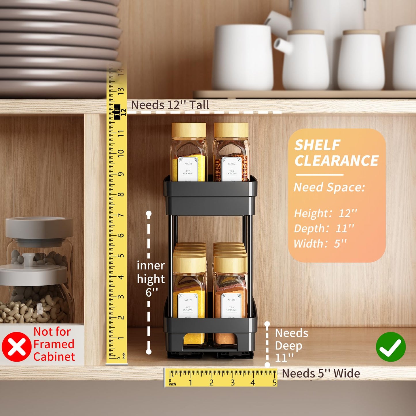 Pull Out Spice Rack Organizer for Cabinet, 3 Packs Slide Out Spice Racks Organizer, Spice Cabinet Organizers, Cabinet Size Need:12'' Highx11'' Deepx5'' Wide,Each Tier Hold 10 Spice Jar - 2 Tier, Black