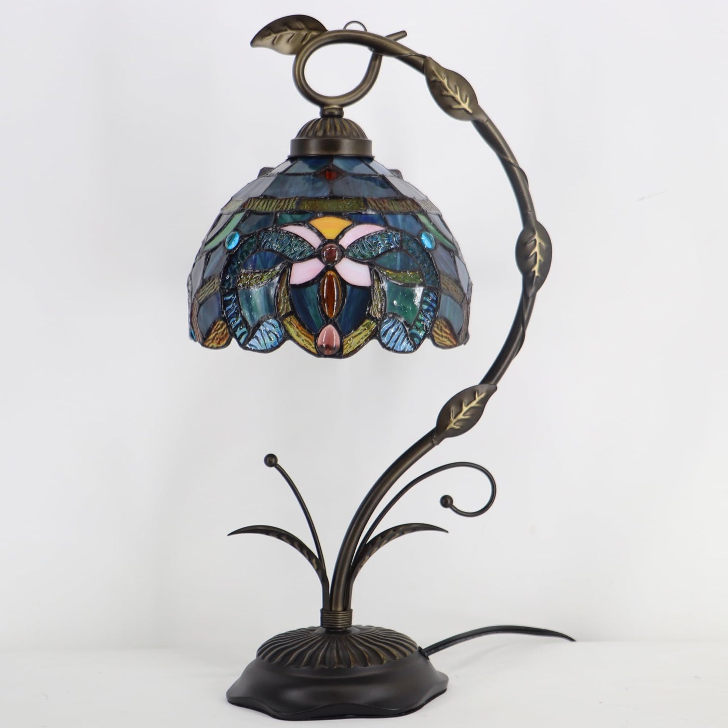LXHCYOU Tiffany Table Lamp, Stained Glass Desk Reading Light, 8X10X19 Inches, Metal Leaf Base (Blue Baroque Style)