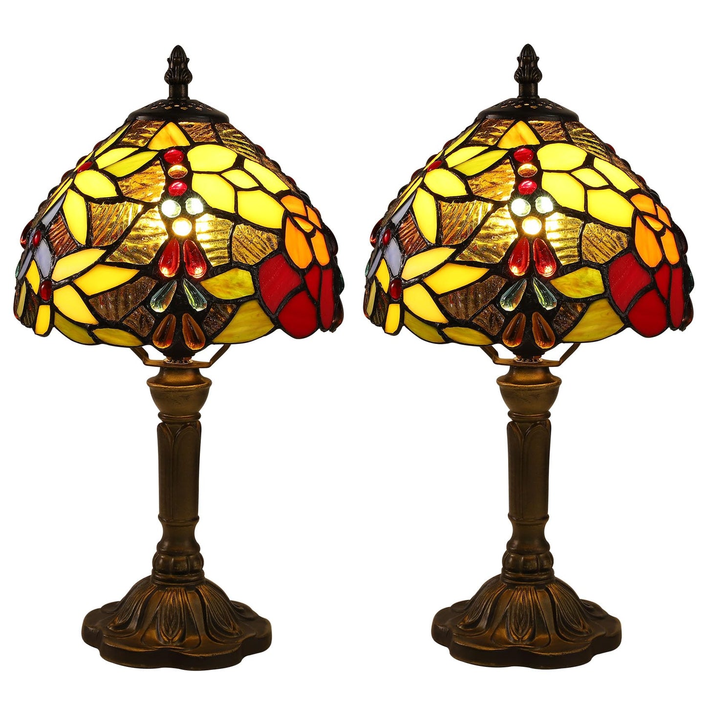 tuomoxte Tiffany Small Table Lamp for Bedroom Set of 2,Bedside Nightstand Lamp Rose Flower Grape Stained Glass Table Lamps for Living Room,3 Color Temperature Home Office Desk Lamp+LED Bulb