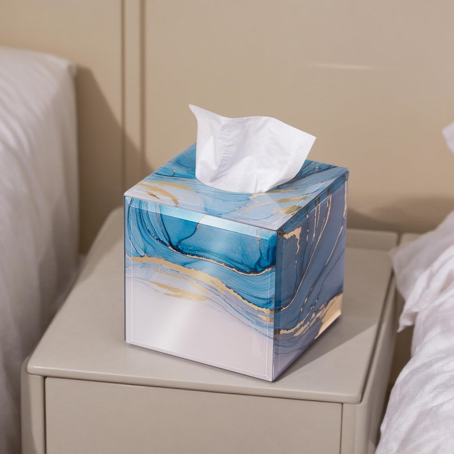 Timetrace Glass Tissue Box Cover Square-Marble Pattern Decorative Tissue Holder with Velvet Lining for Home Decor, Bedroom, Kitchen, Office (Blue & Gold)