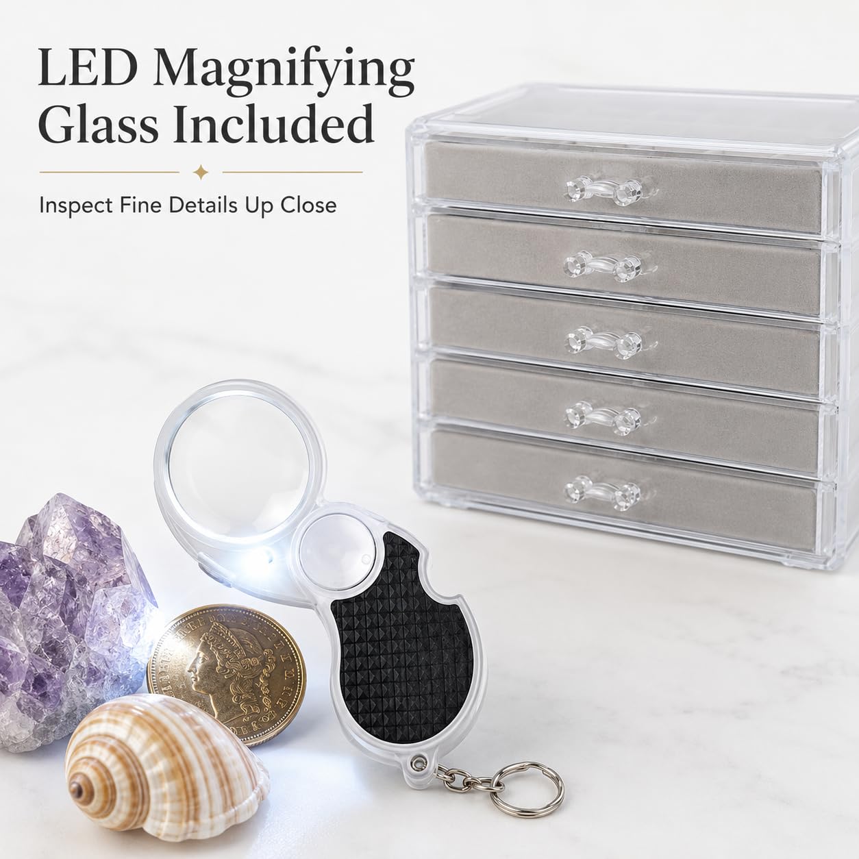 IRSTBL - Rock Collection Display Case - 90 Grid Crystal Shell Storage Box - Mineral Collection Display Cabinet with 5 Drawers