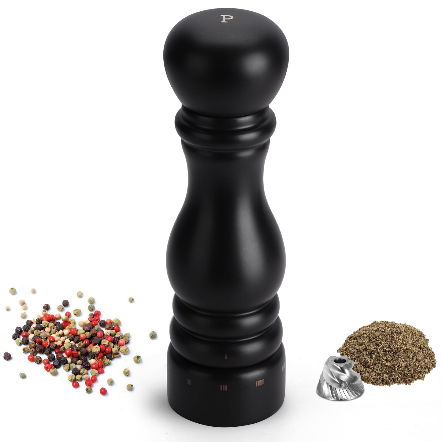 Aurevit Wooden Pepper Grinder, Manual Pepper Mill with Stainless Steel Core, Refillable Pepper Shaker with Beech Wood Body, External Adjustable Coarseness, 9” Tall (Chocolate Wood)