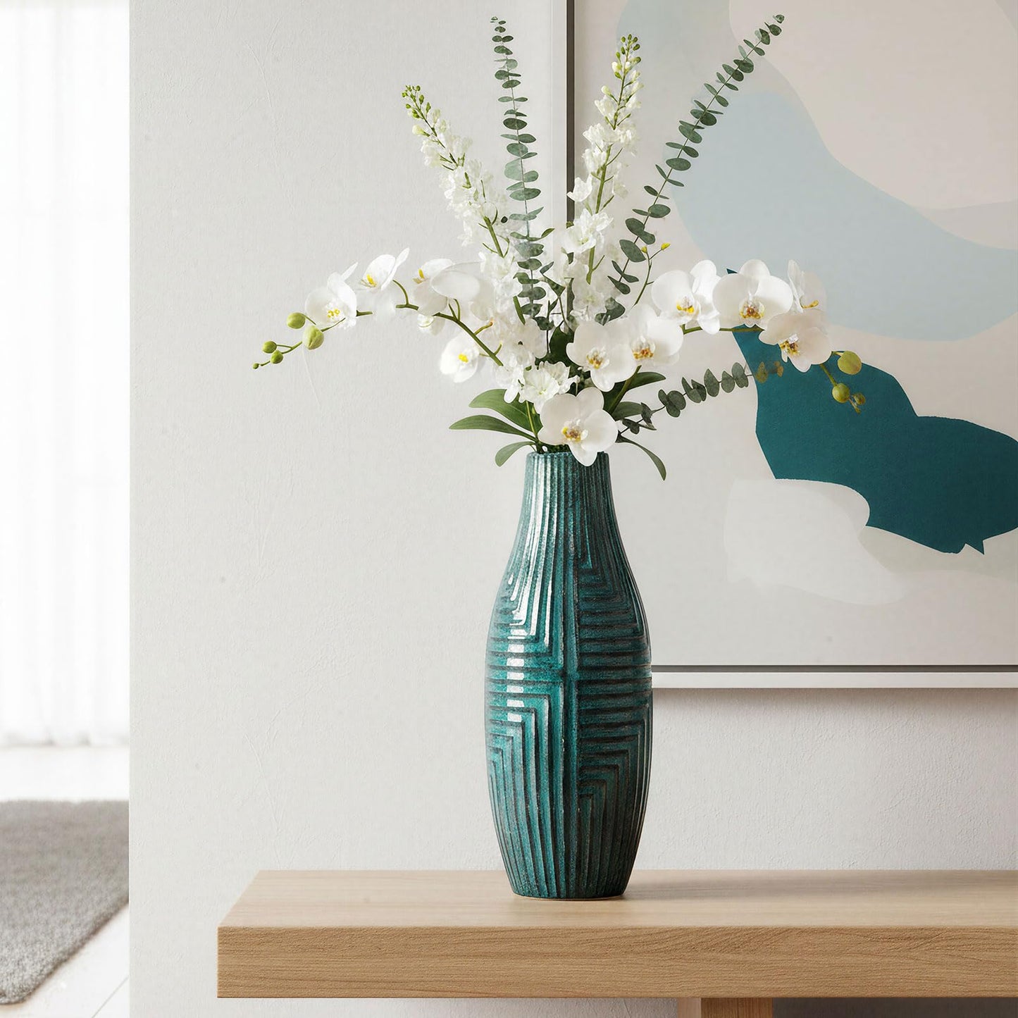 hjn Teal Hand-Glazed Ceramic Vase - 13.8" H Modern Decorative Centerpiece Vase for Fresh/Dried Flowers, Home Decor for Living Room Bookshelf Mantel | Wedding Housewarming Gift