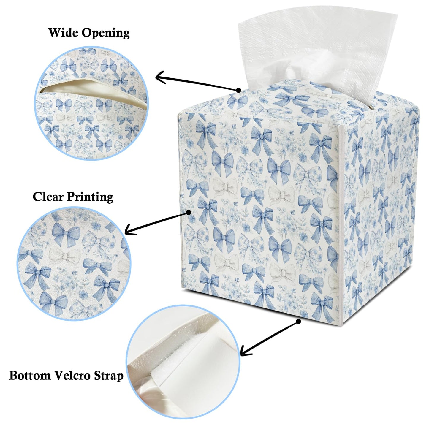 Blue Bows Floral Tissue Holder Square with Bottom Belt Elegant Leather Decorative Box Cover for Bathroom Car Office Ideal for Women Friends Mom Bestie Birthday Christmas Housewarming Gifts - FS688