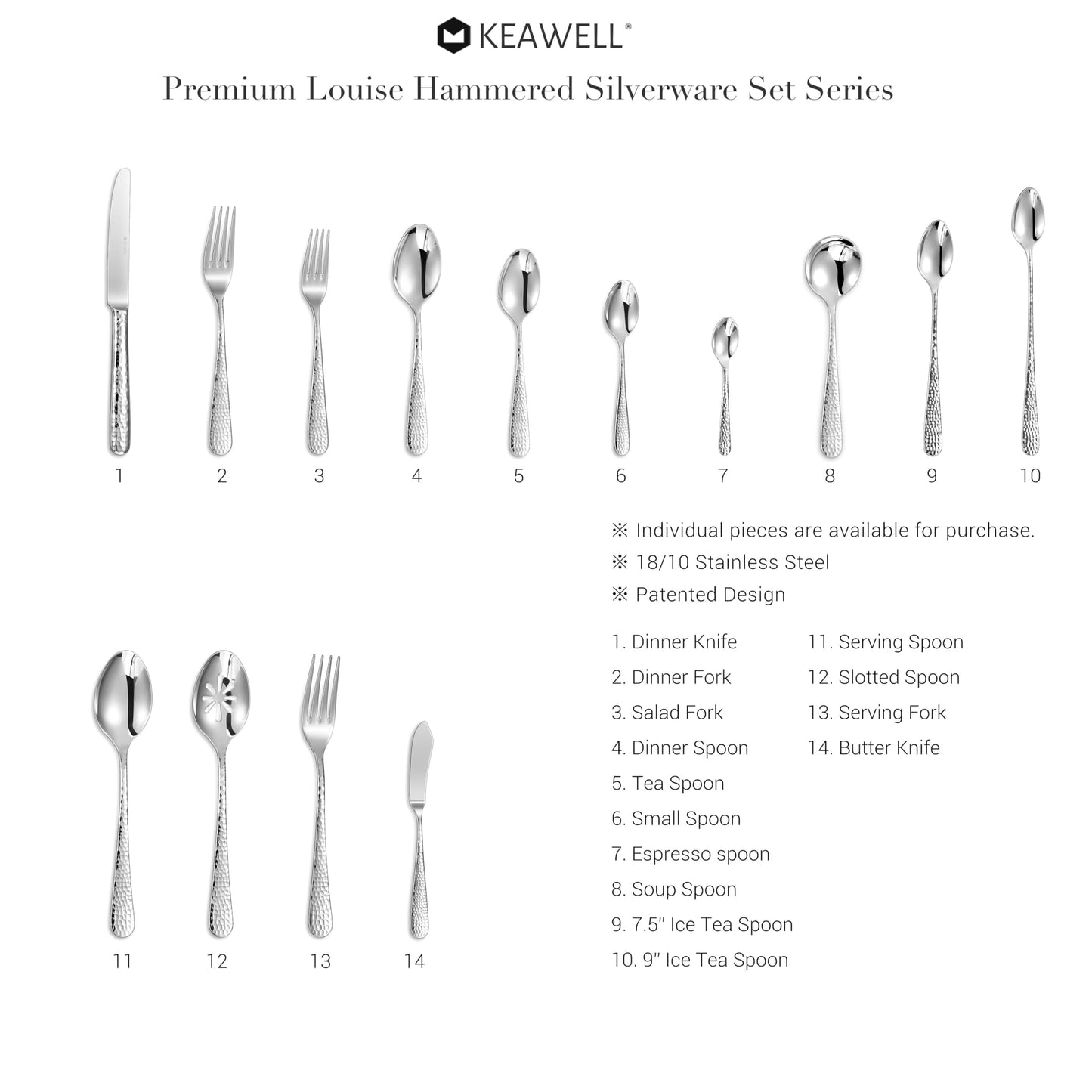 KEAWELL Premium 4-Piece Louise Hammered Spoons Set, 18/10 Stainless Steel, Set of 4, Fine Spoon Set with Round Edge, Dishwasher Safe (5.6" Small Spoons)