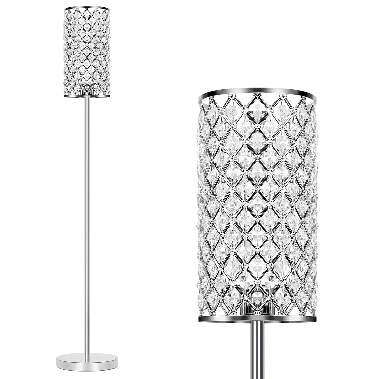 Crystal Floor Lamp, Silver Tall Pole Lamp with On/Off Foot Switch
