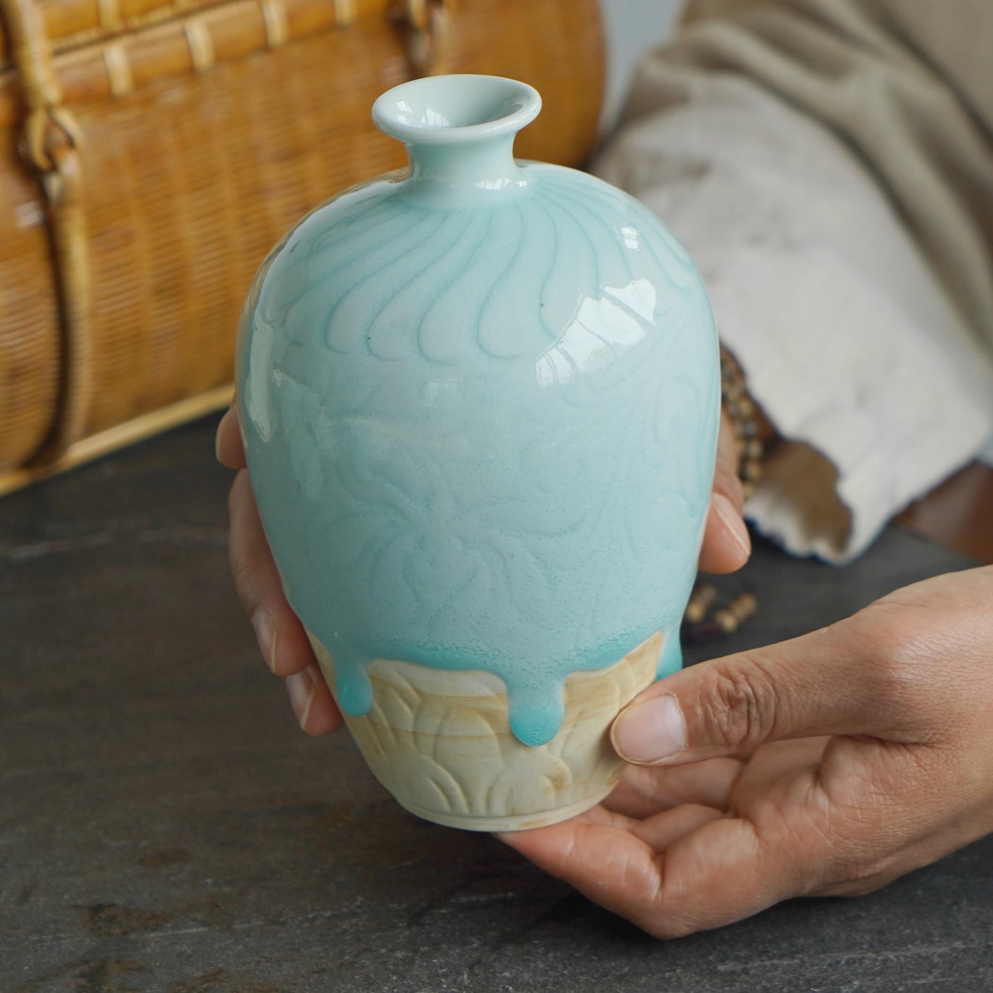 Flower Vase, 7” Handmade Celadon Bud Vase, Jade Green Ceramic Vase for Shelf Decor, Japandi Decor, Small Vase for Single Stem, Anniversary Present for Wife