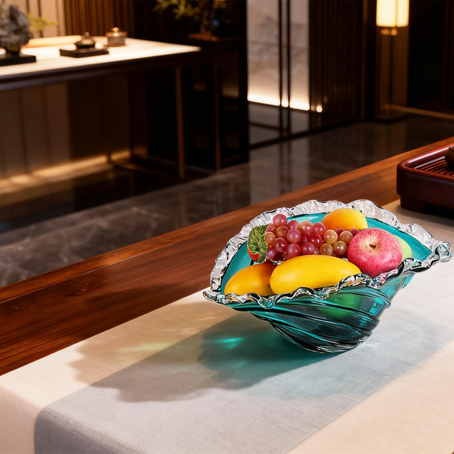 16in Fruit Bowl, Blue Glass Fruit Bowl - Hand-Blown Blown Glass Art Vortex Wave-Shaped Ruffled Rim Large Bowl, Crystal-Like Decorative Bowl for Home Decor, Centerpiece Bowl & Housewarming Gift