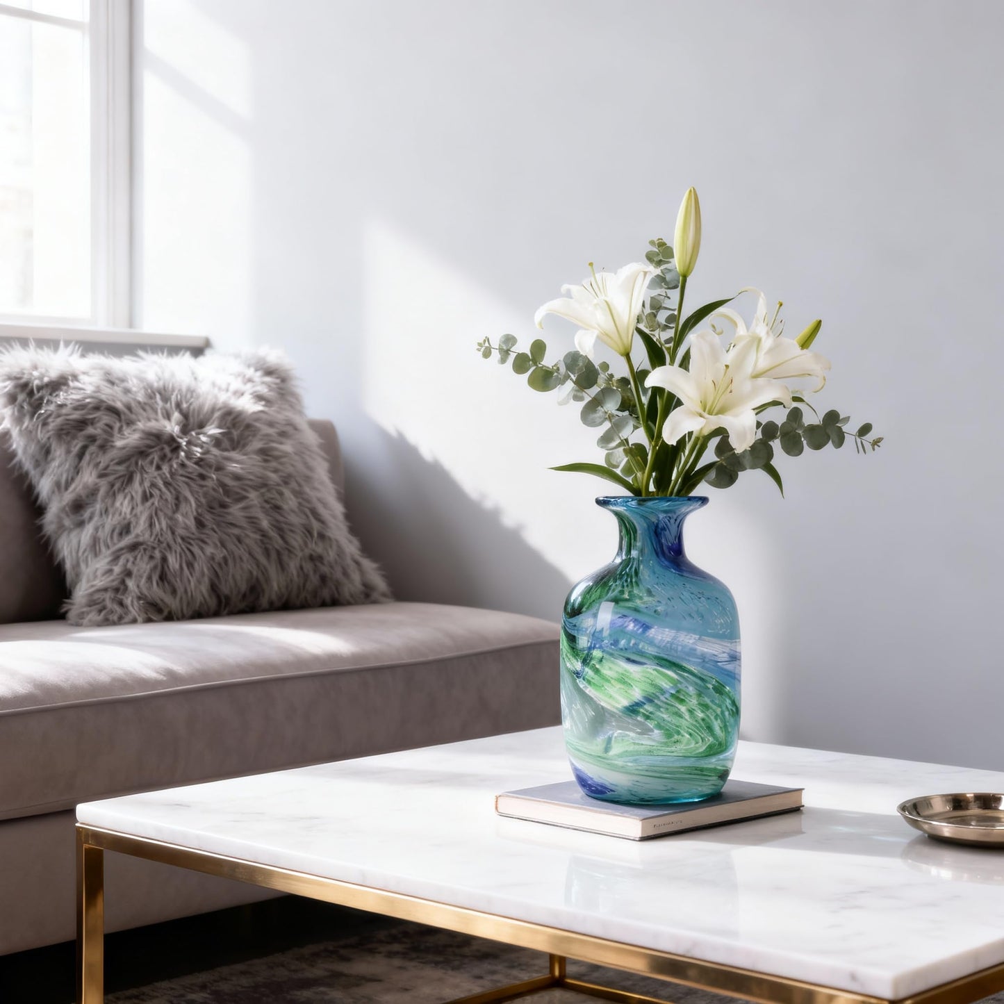 Hand-Blown Glass vase, Bluegreen Decorative vase, Modern Glass Art Piece, Ideal for Centerpiece Display in Living Rooms, Dining Tables, Offices, bathrooms, Coffee Tables, or entryway Decor.