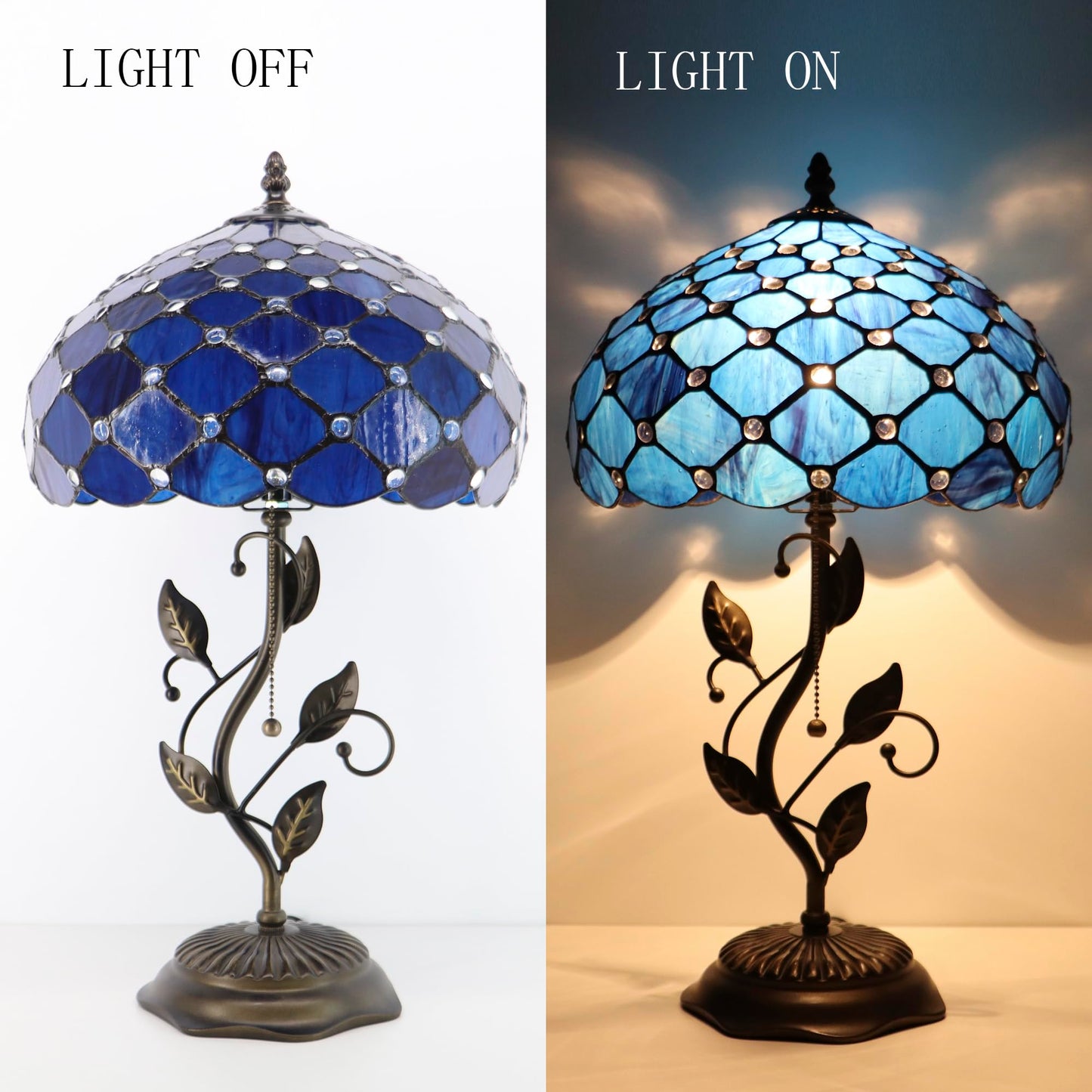 HWDFEI Tiffany Table Lamp, Stained Glass Style Desk Lamp, 12X12X19 Inch,Bedside Reading Light, Metal Leaf Base（Blue Beads Style