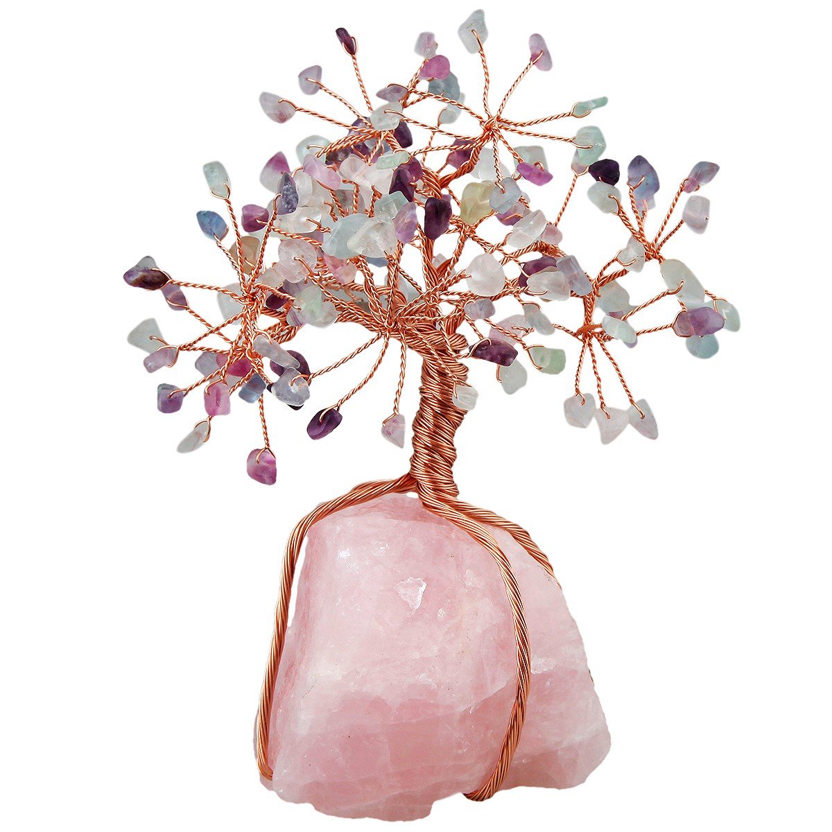 SUNYIK Natural Rainbow Fluorite Money Tree Wrapped on Rose Quartz Cluster Base Bonsai Sculpture Figurine 3.5 Inches