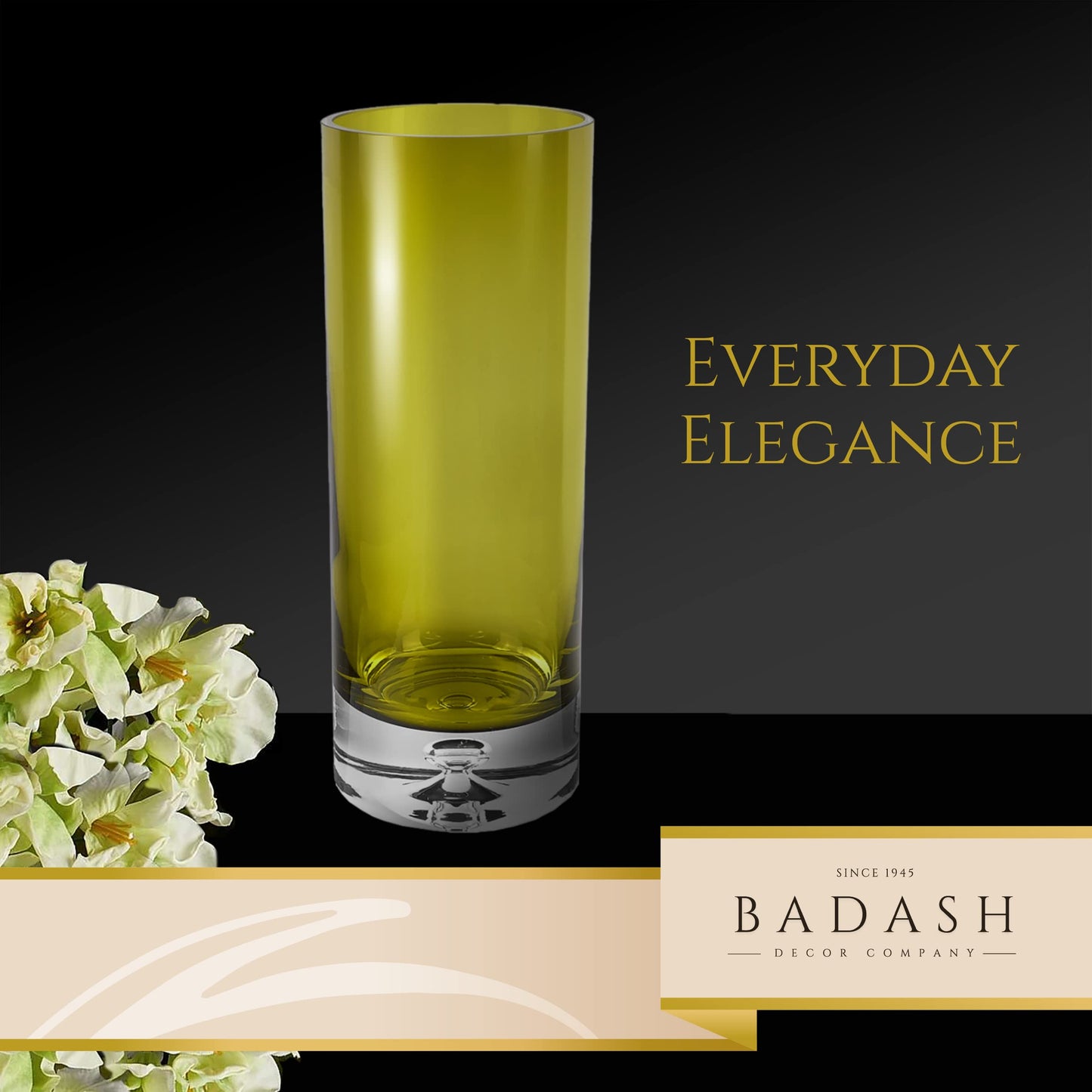 Badash Galaxy Olive Green Glass Vase - Glass Cylinder Vases for Centerpieces - European Glass Vases for Flowers - 12” Mouth-Blown Glass Vase