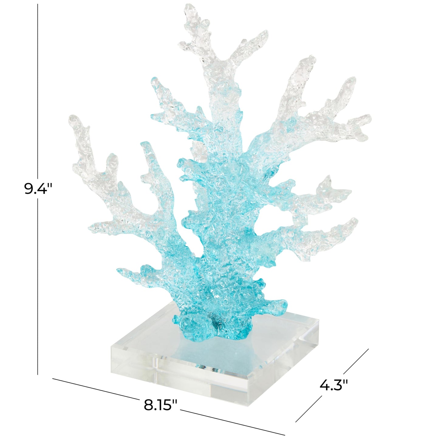 Deco 79 Glass Coral Decorative Sculpture Ombre Home Decor Statue with Clear Square Base, Accent Figurine 8" x 4" x 9", Blue