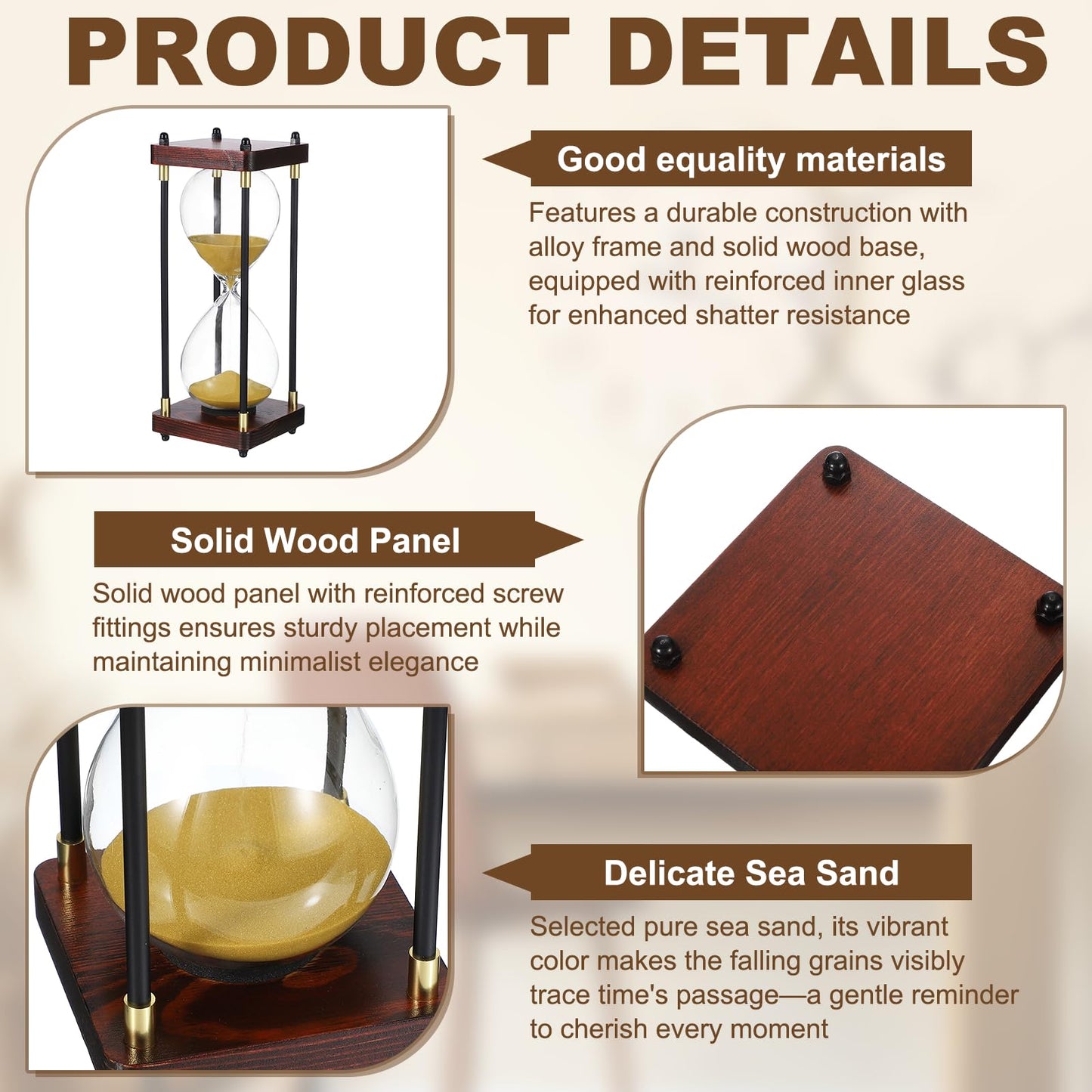 PATIKIL Large Decorative Sand Timer, 30 Minutes Wood Hour Glass Timer Modern Wooden Hour Glass for Cooking Game Office Classroom Kitchen Home, Gold Tone(Style 2)