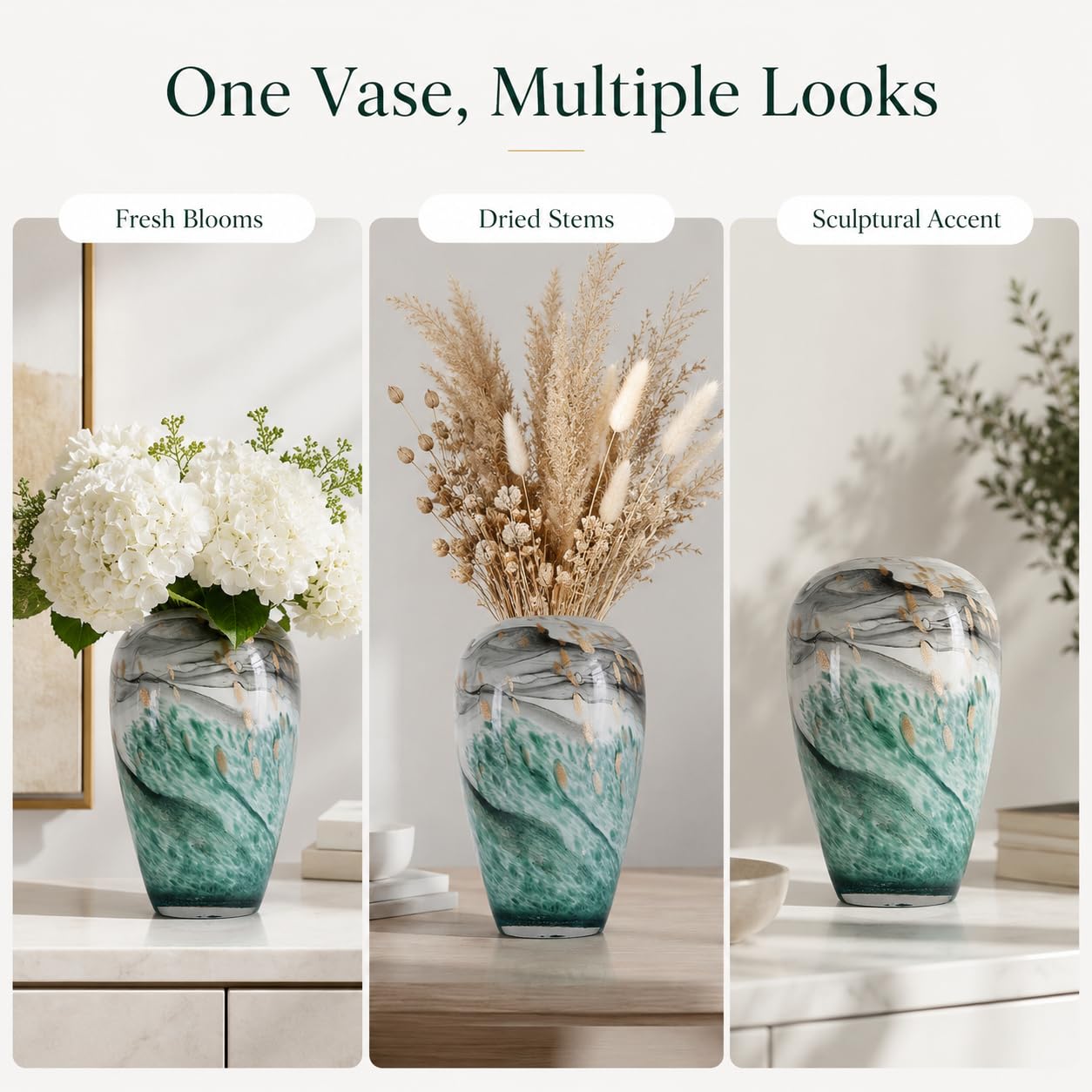 Hand Blown Glass Vase,Green Black Ink Wash Landscape Centerpiece,New Chinese Luxury Home Accent,Pampas Grass Centerpiece, Minimalist Decorative Vase for Dining Table Kitchen Tabletop (Green, Small)