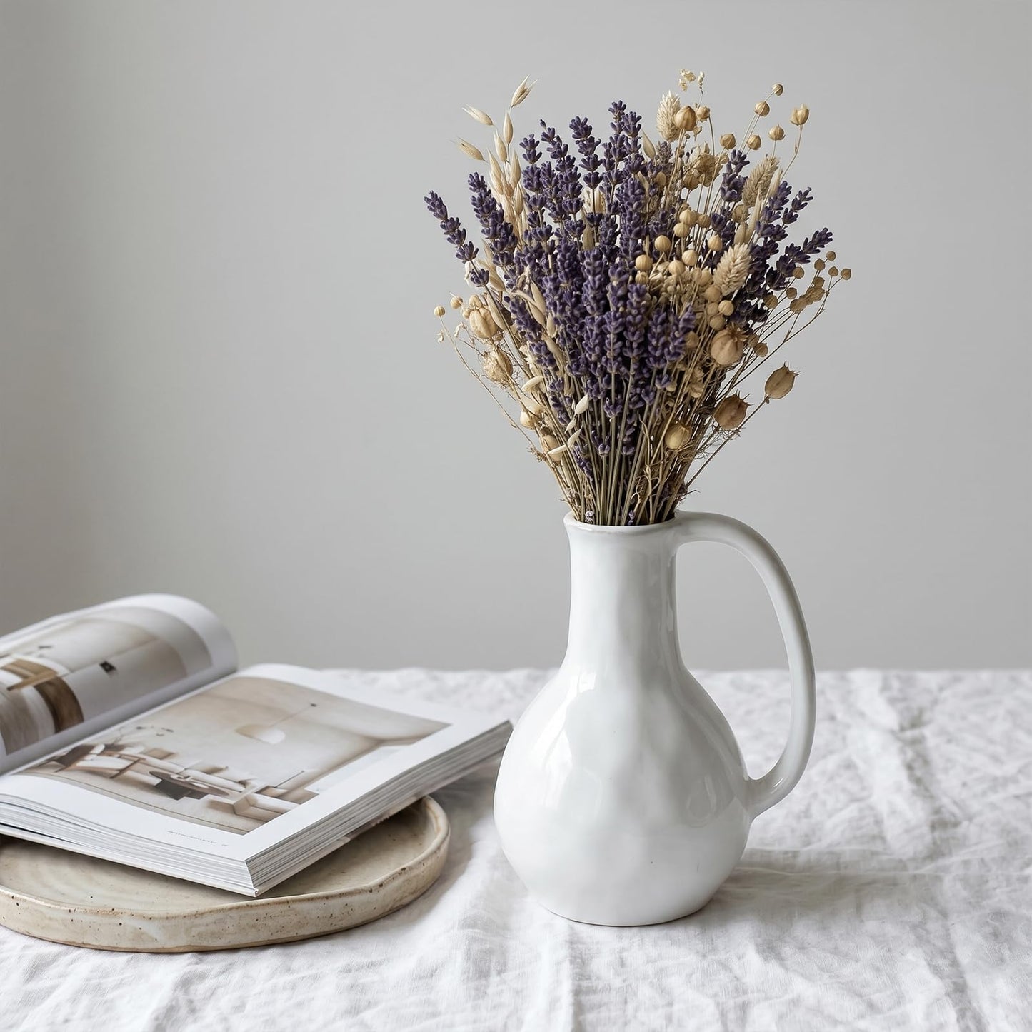 GarDream White Ceramic Vase with Handle, 8.5 Inch Modern Farmhouse Pitcher Vase for Flowers, Rustic Ceramic Jug Flower Vase, Decorative Boho Home Decor for Living Room Mantel Table Centerpiece Office