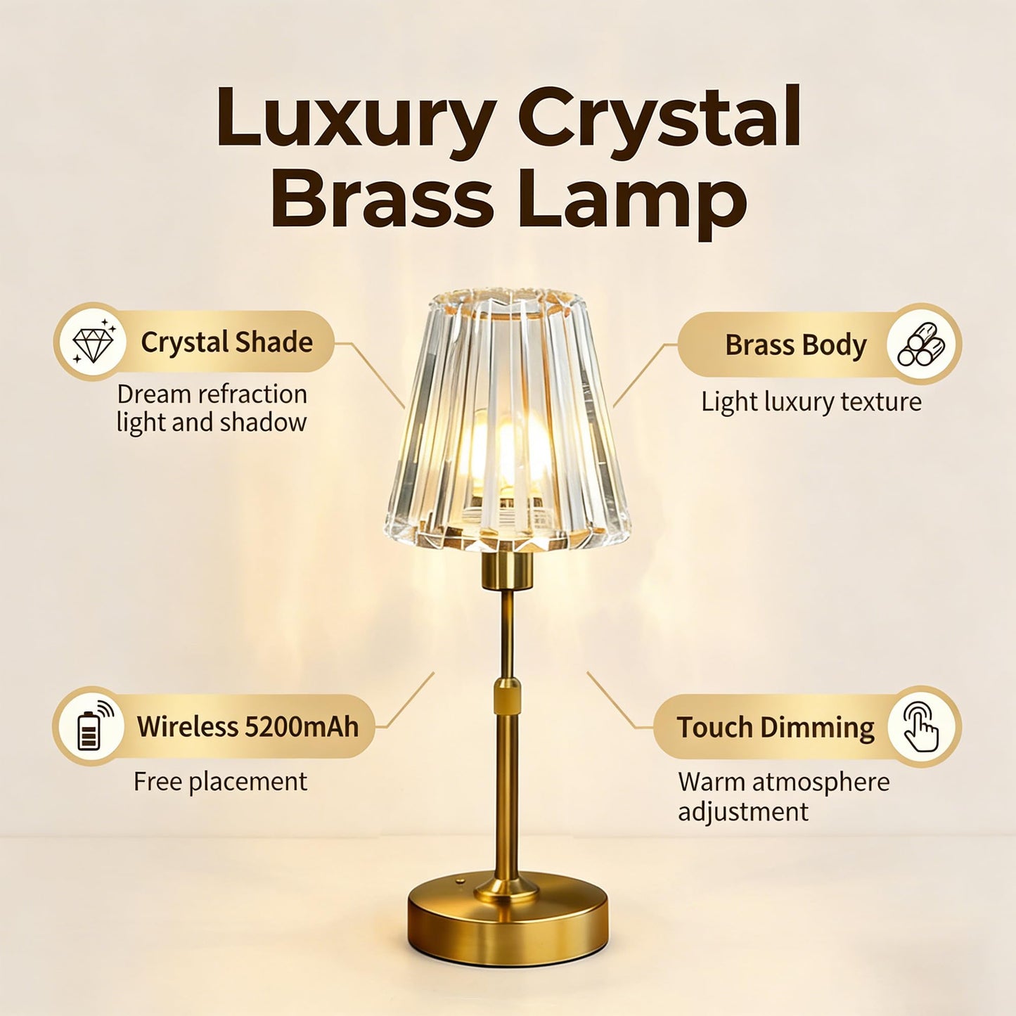 GDSZBYSM Gold Cordless Table Lamp, Rechargeable Battery Operated Lamp with 5200mAh & Stepless Dimming, Portable Crystal Glass Table Lamp for Living Room Bedroom Nightstand, Elegant Housewarming Gift