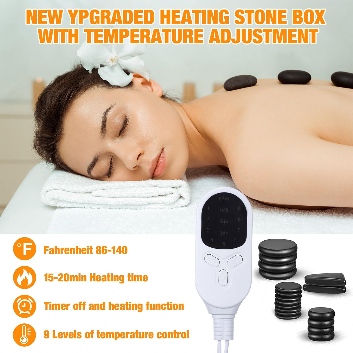 Yunsailing 18 Pcs Hot Stones Massage Set with Electric Heater Box 110v Basalt Massage Rock Kit for Professional Home Spa Warming Relaxing Relief, Constant 50°c (122°f)(Adjustable Temperature Wood Box)