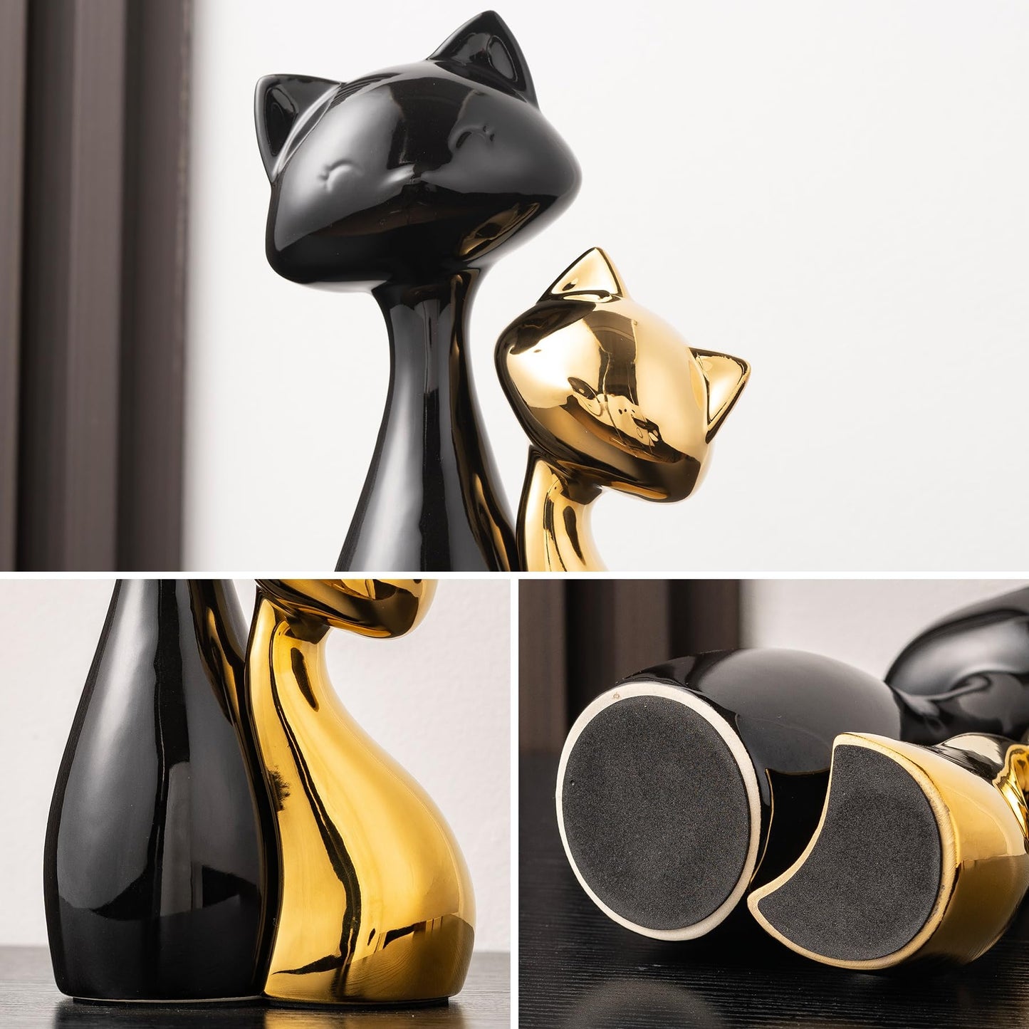 SURE YUESI Ceramic Cat Statue Set, Black & Gold Cute Cat Figurines, Lucky Cat Desk Decor for Cat Lovers, Modern Collectible Home Decor for Bookshelf & Living Room