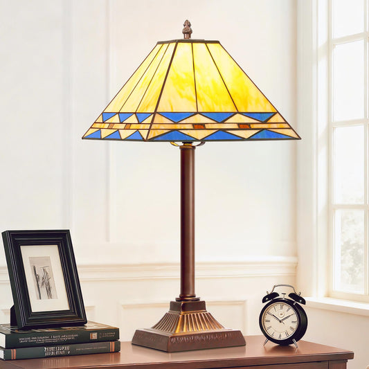 Square Stained Glass Table Lamp, Vintage Style Desk Lamp, Mid Century Modern Bedside Nightstand Lamps with Rocker Switch, Unique Decorative Accent Light for Bedroom Living Room Office (E26 Base)