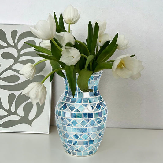 Mosaic Vases for Decor, Blue Glass Vases for Centerpieces Modern Handmade Decorative Glass Flower Vase for Home Decor Perfect for Living Room Bedroom Kitchen Office Home Decor Birthday Gift