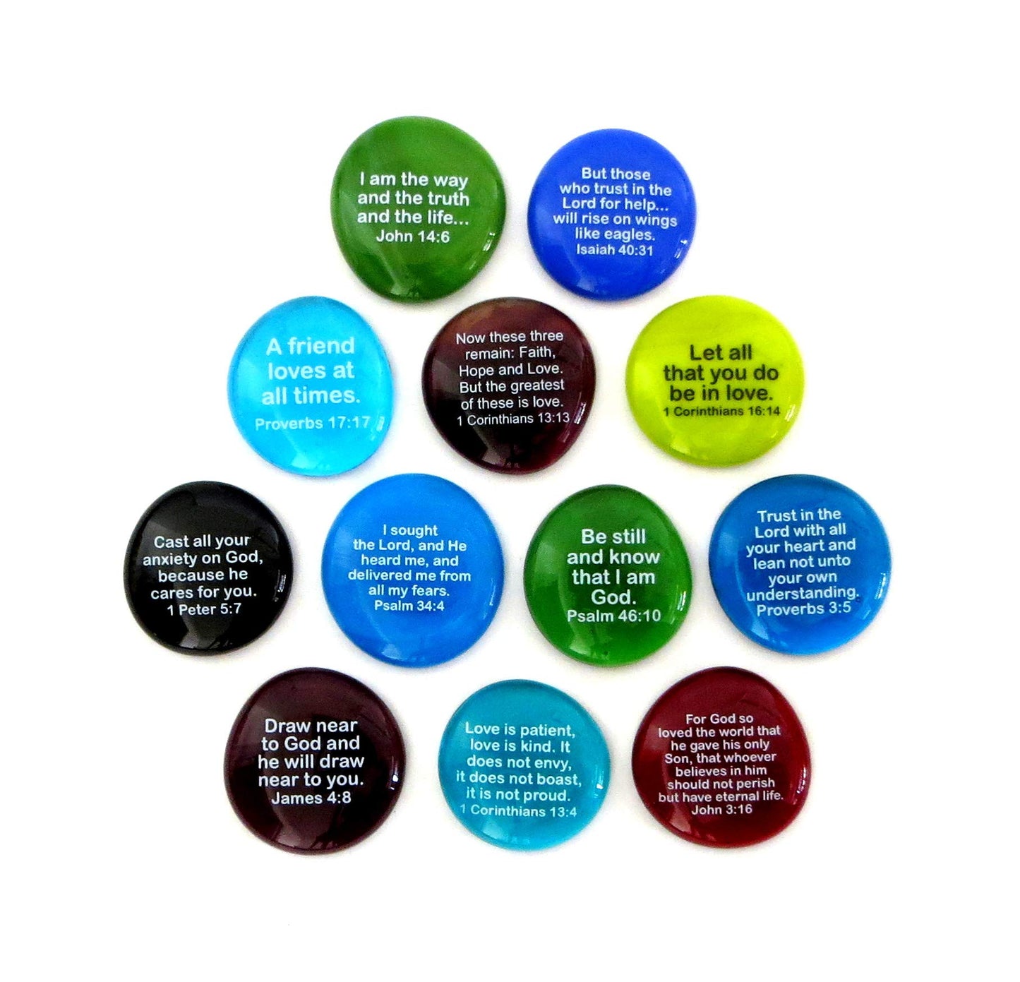 Lifeforce Glass Scripture Glass Stones, 12 of Your Favorite Inspiring Bible Verses on Translucent and Opaque Rocks, Set II.