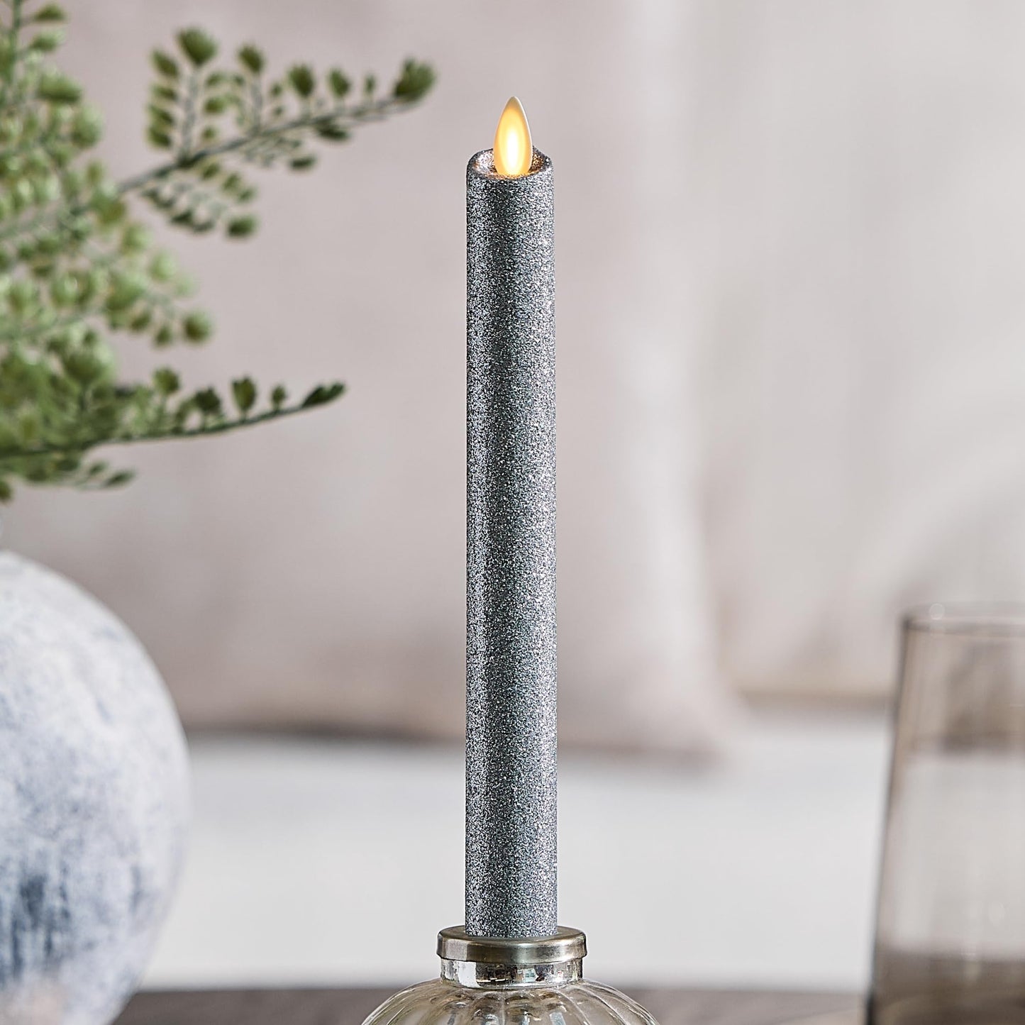 Luminara Brilliant Silver Glitter Flameless Candle Moving Flame LED Taper - 1" x 9.5"