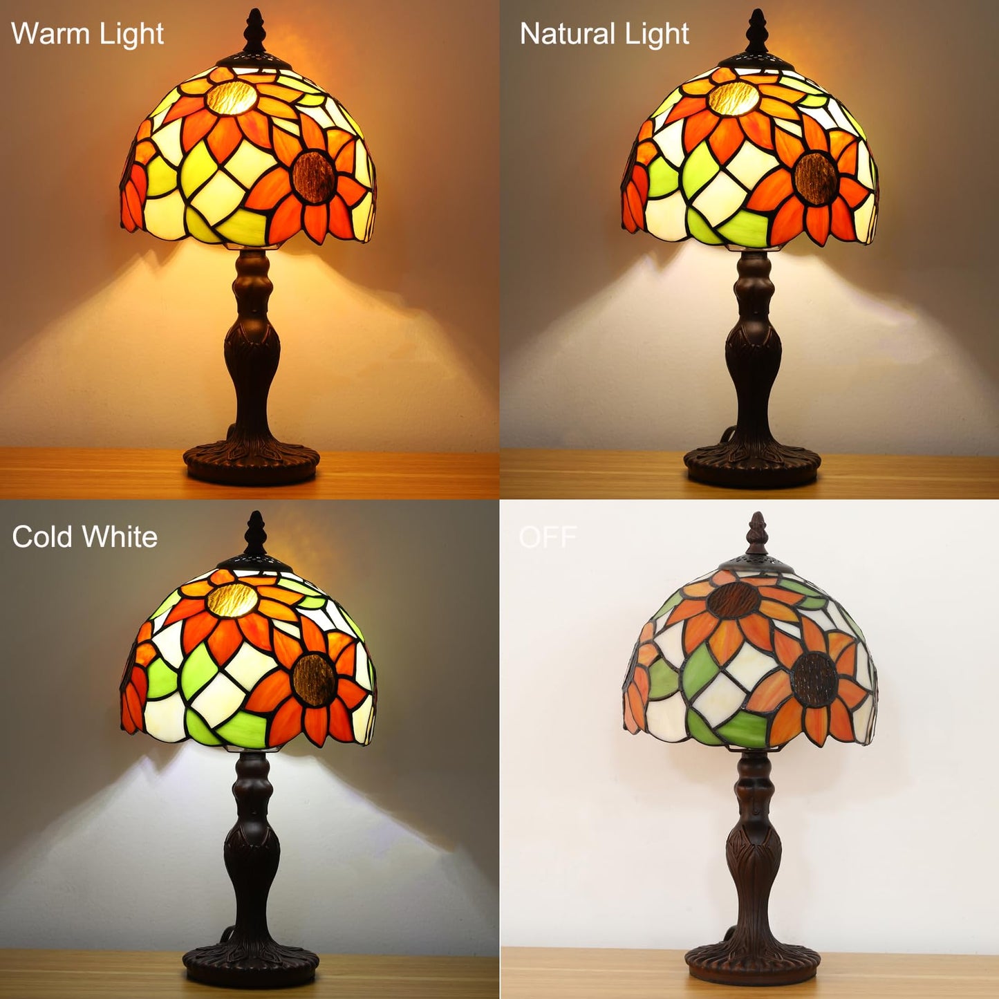 tuomoxte Tiffany Table Lamp,3 Color-Temperature Sunflower Stained Glass Lamp,8X8X15 Inch Small Accent Antique Nightstand Bedside Table Lamps for Bedroom Living Room Home Office Light +LED Bulb