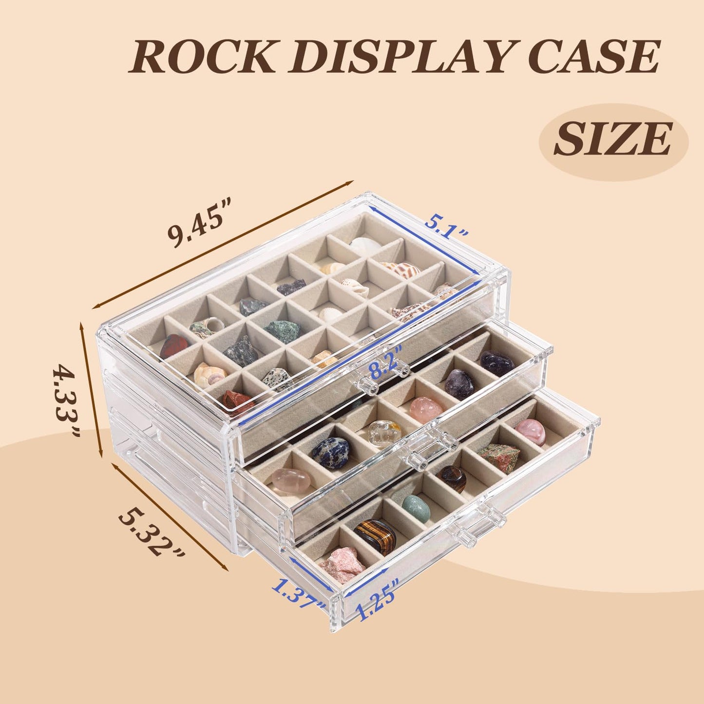 CLUQMEIK Acrylic Rock Collection Display Case with 54 Grids Storage Compartments Rock Collection Boxes Display Organizer Collection Storage Display Cases for Collectibles Crystal /Rock（Beige）