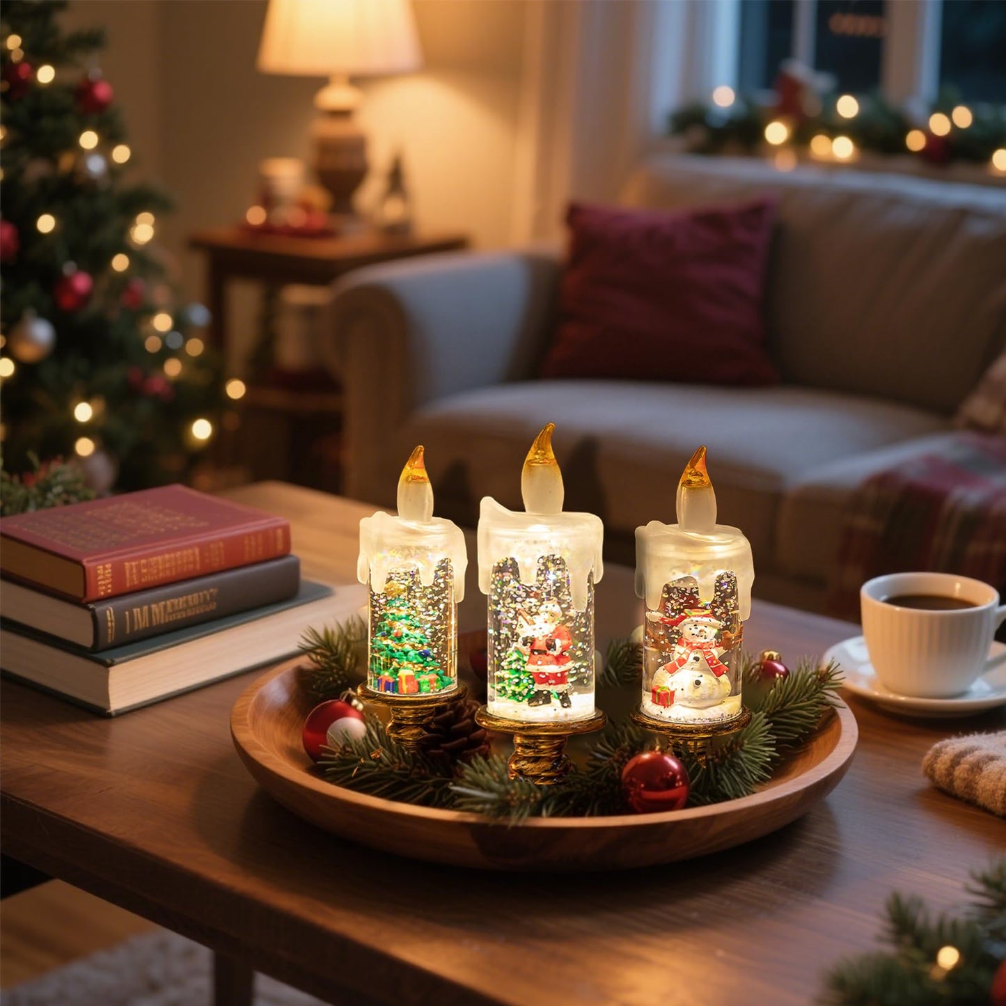 Flameless Snow Globe Candles, Battery Opered Christmas Candles Light with Swirling Glitter, Safe Fairy Tale Taper Candle for Home Fireplace Table Holiday Decor (Santa Claus)