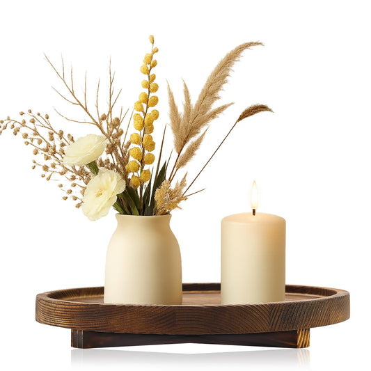 12 inch Large Round Decorative Tray Wood Bathroom Counter Organizer Farmhouse Kitchen Decor Wooden Riser for Perfume Soap Dish Wood Decorative Candle Holders for Home Decor Brown Table Centerpieces