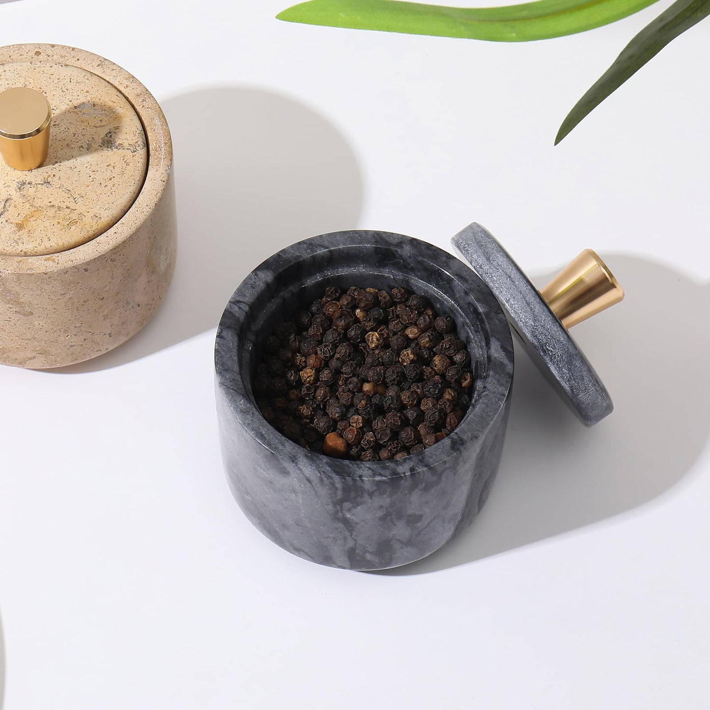 QISENMOR Marble Salt Cellar with Lid and Brass Knob 3.15" Spice box Salt Container Seasoning Jar for Kitchen tone Salt Holder for Counte-Ideal for Sea Salt, Spices and Herbs (White) (Black)