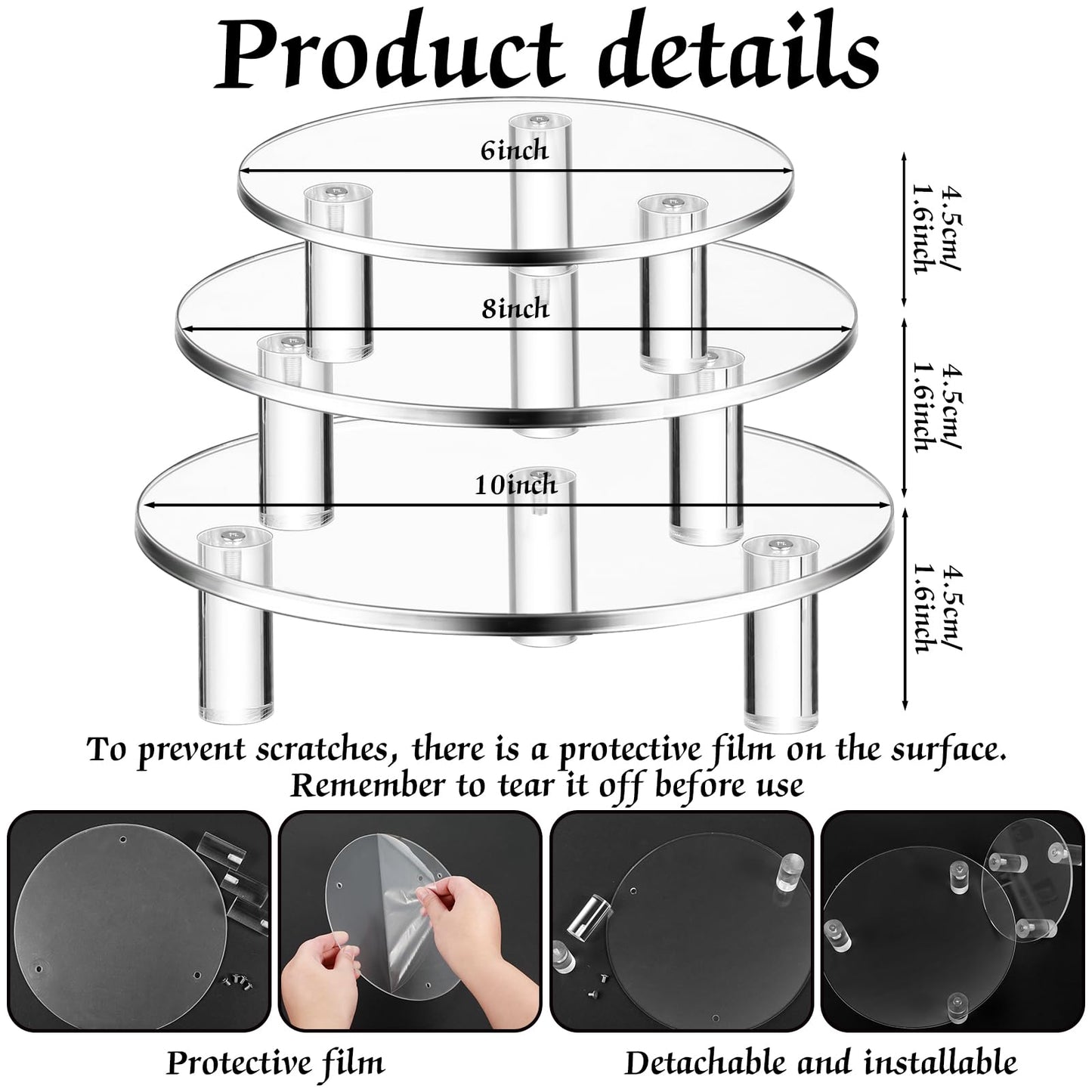 Lineshading 3 Pcs Round Acrylic Display Riser Clear Round Stands Clear Pedestal Riser Board for Cake Plant Dessert Jewelry Collectible Cupcake Figure Wedding Birthday Party Decor(6'',8'',10'')