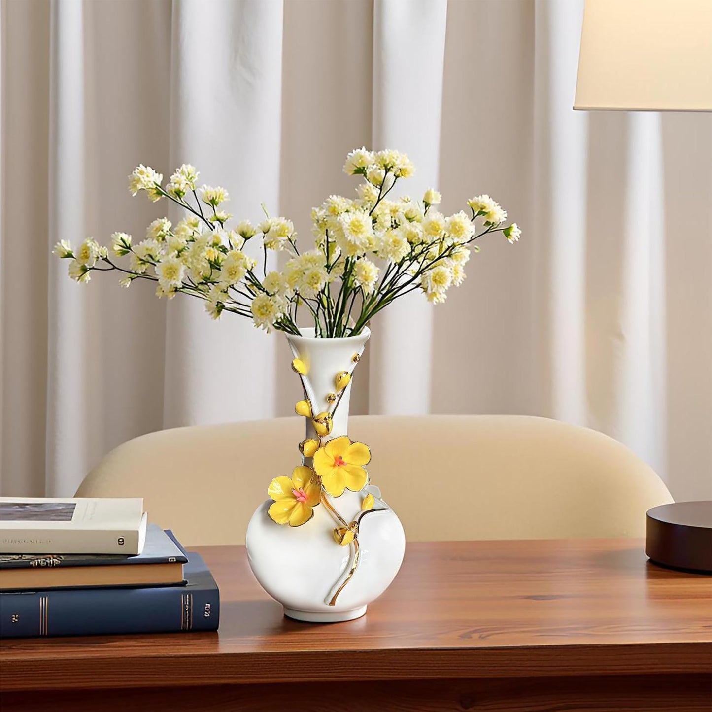 MTME Porcelain vase with Flowers, Plum Blossom, Memorabilia, Wedding Gifts, Aesthetic Sculpture Home décor (Yellow)