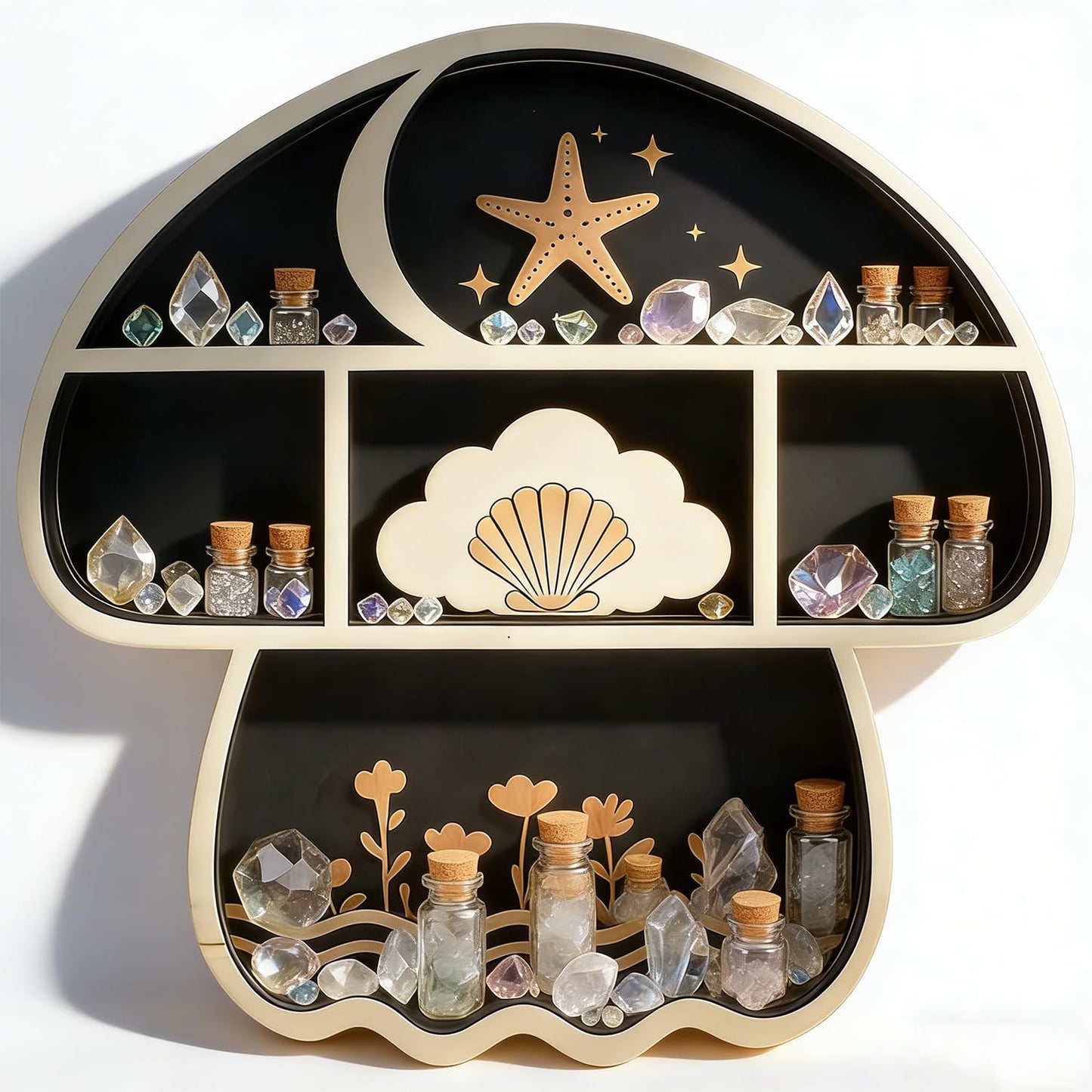 Zetosva Mushroom Decor Crystal Display, Floating Shelves & Crystal Holder, Cute Mushroom Wall Decor and Trinket Shelf, Rock Gem Stone Display Case, for Quirky Home Decor, Gifts for Mushroom Lovers