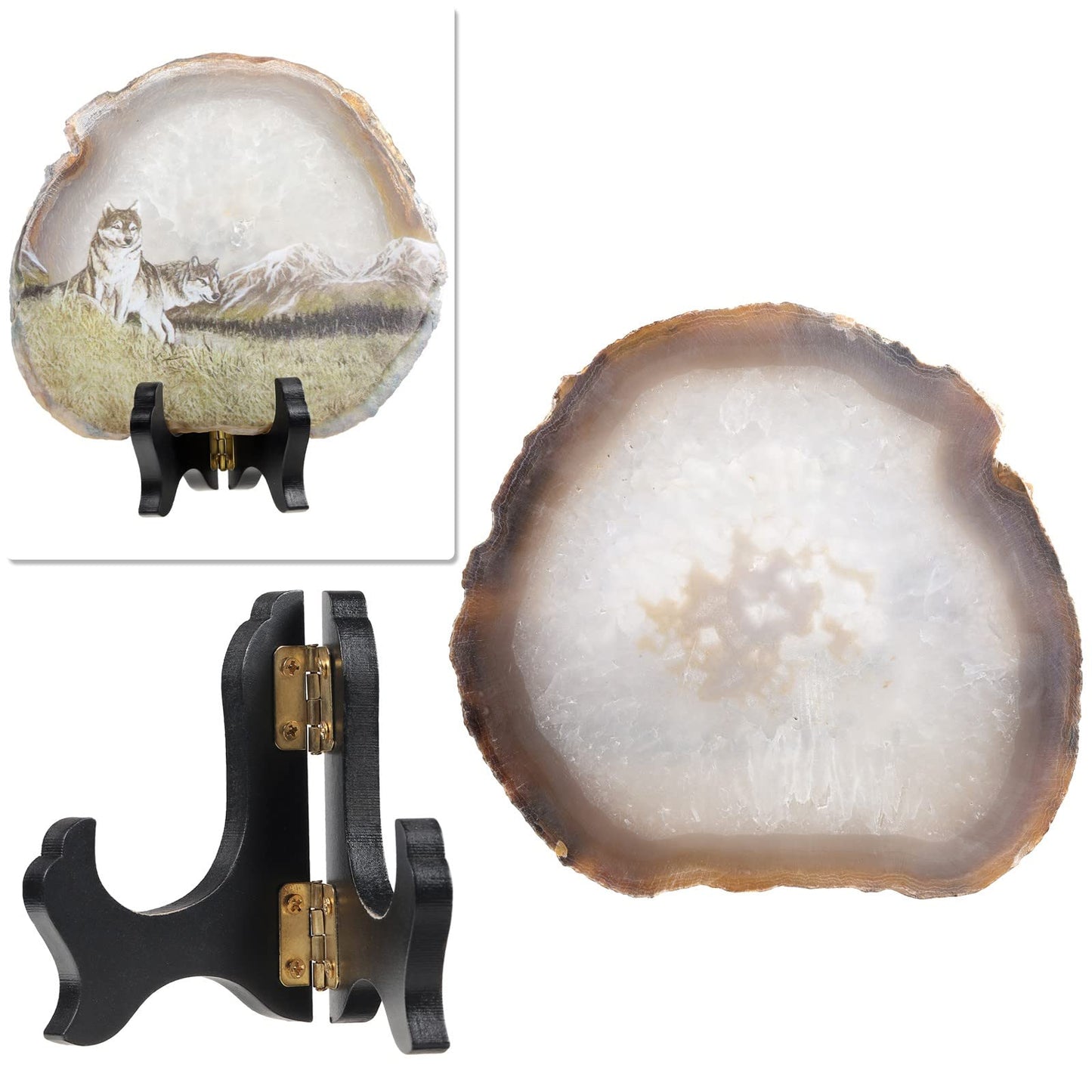 SUNYIK Natural Geode Agate Slice Display with Wooden Stand, Irregular Agate Slab Tabletop Desktop for Office Home Decor, Wolf