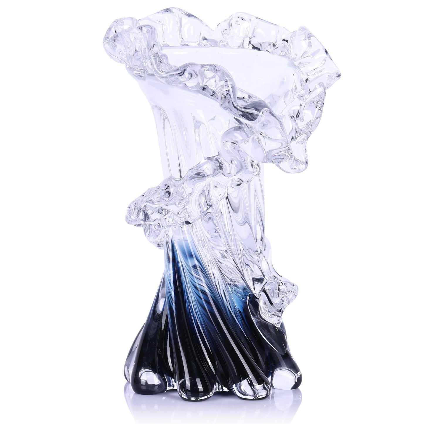 Hand Blown Blue Glass Vase, Unique Art Beautiful Ocean Glass Vase for Coastal Home Decor, Coffee Table, Living Room, Office Decor - 8" H
