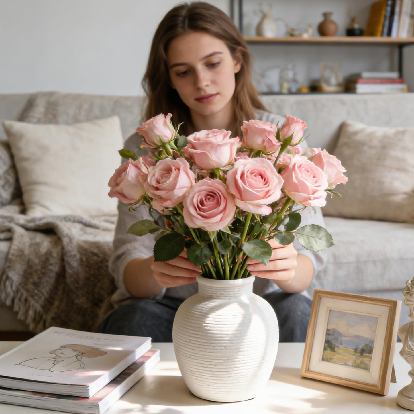 QeemTaco 6-Inch Modern White Ceramic Vase, Rustic Ribbed Flower Vase with Waterproof Interior, Small Boho Decorative Vase for Fresh or Dried Flowers, Home Decor, Coffee Table, Mantle
