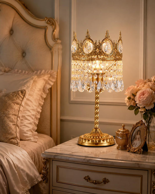 AuroraSpher 17" Gold Crystal Table Lamp for Bedroom, Cute Crown Shape Bedside Lamp for Nightstand, Modern Farmhouse Plug in Desk Lamp for Living Room, Home Office, Home Decor
