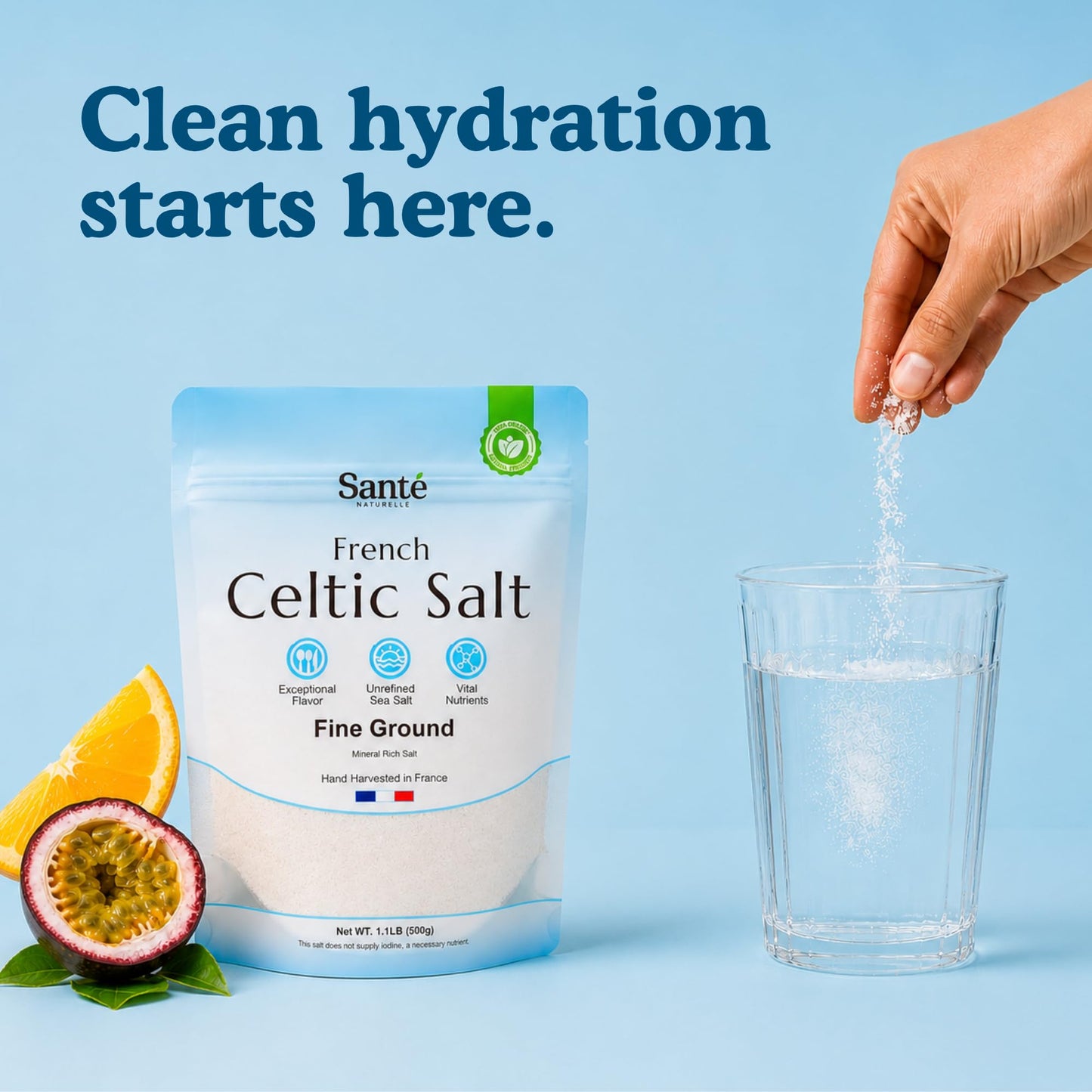 Sante Naturelle Celtic Salt Organic Fine Ground - 1.1lb (18oz) Unrefined French Mineral Sea Salt Organic, Rich in 82+ Minerals, 100% Natural & Hand Harvested Sal Celtica