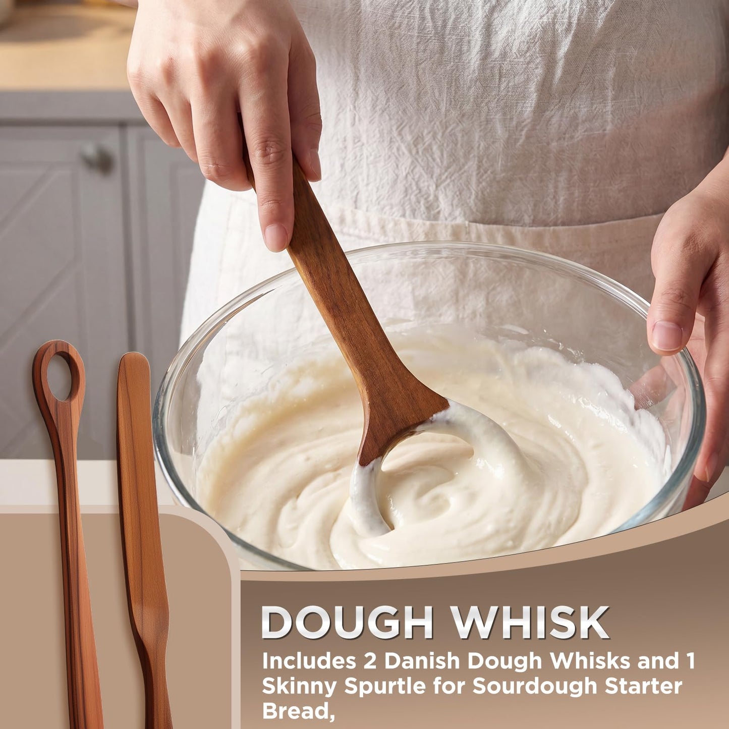 SiliFine 3 Pcs Danish Dough Whisk Set, Natural Teak Wood, Includes 2 Danish Dough Whisks and 1 Skinny Spurtle for Sourdough Starter Bread, Kitchen Baking Kit for Mixing Sourdough, Egg, and Flour